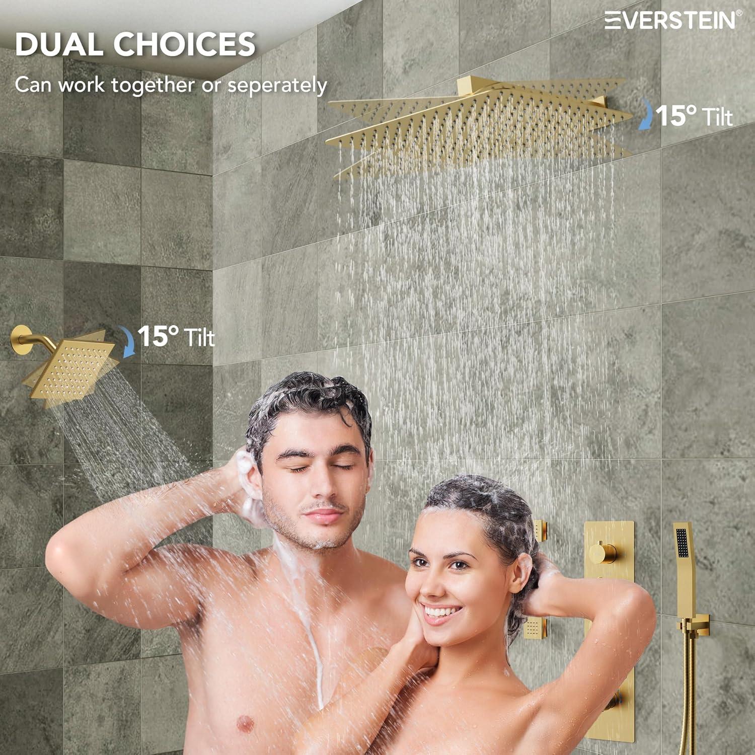 DualJetSpa 16-Inch Rainfall Shower System with Handheld Spray, Dual Showerheads, 6 Body Jets, and Thermostatic Valve