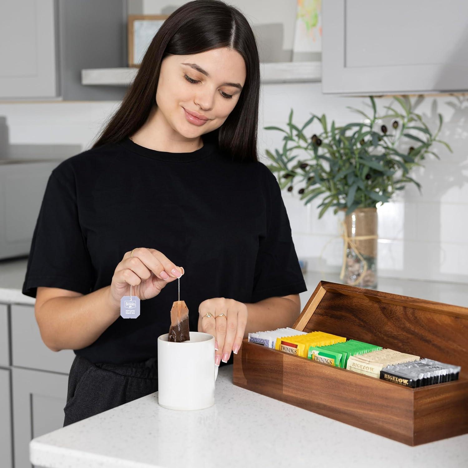 Large Acacia Wood Tea Box with 5 Compartments