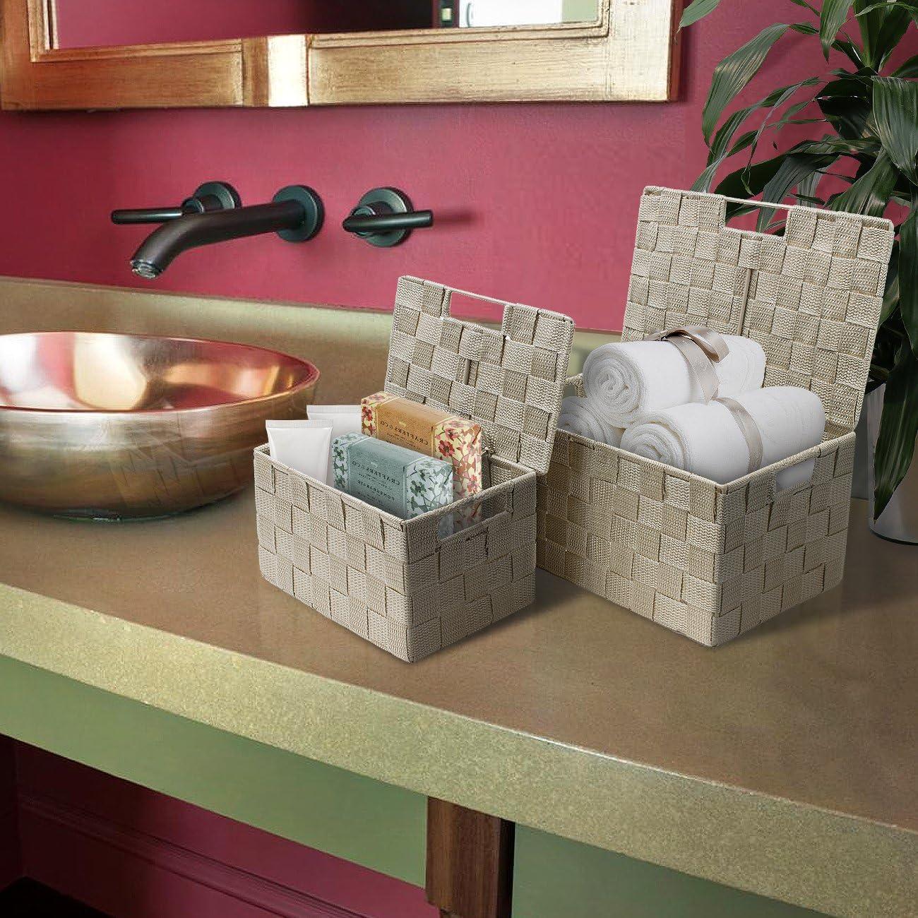 Beige Woven Square Storage Basket Set with Lids