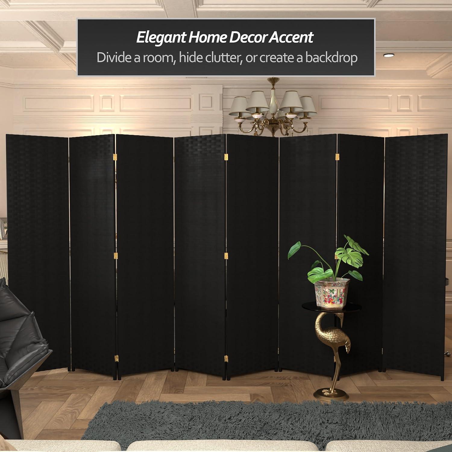 8 Panel Tall Woven Fiber Room Divider Black