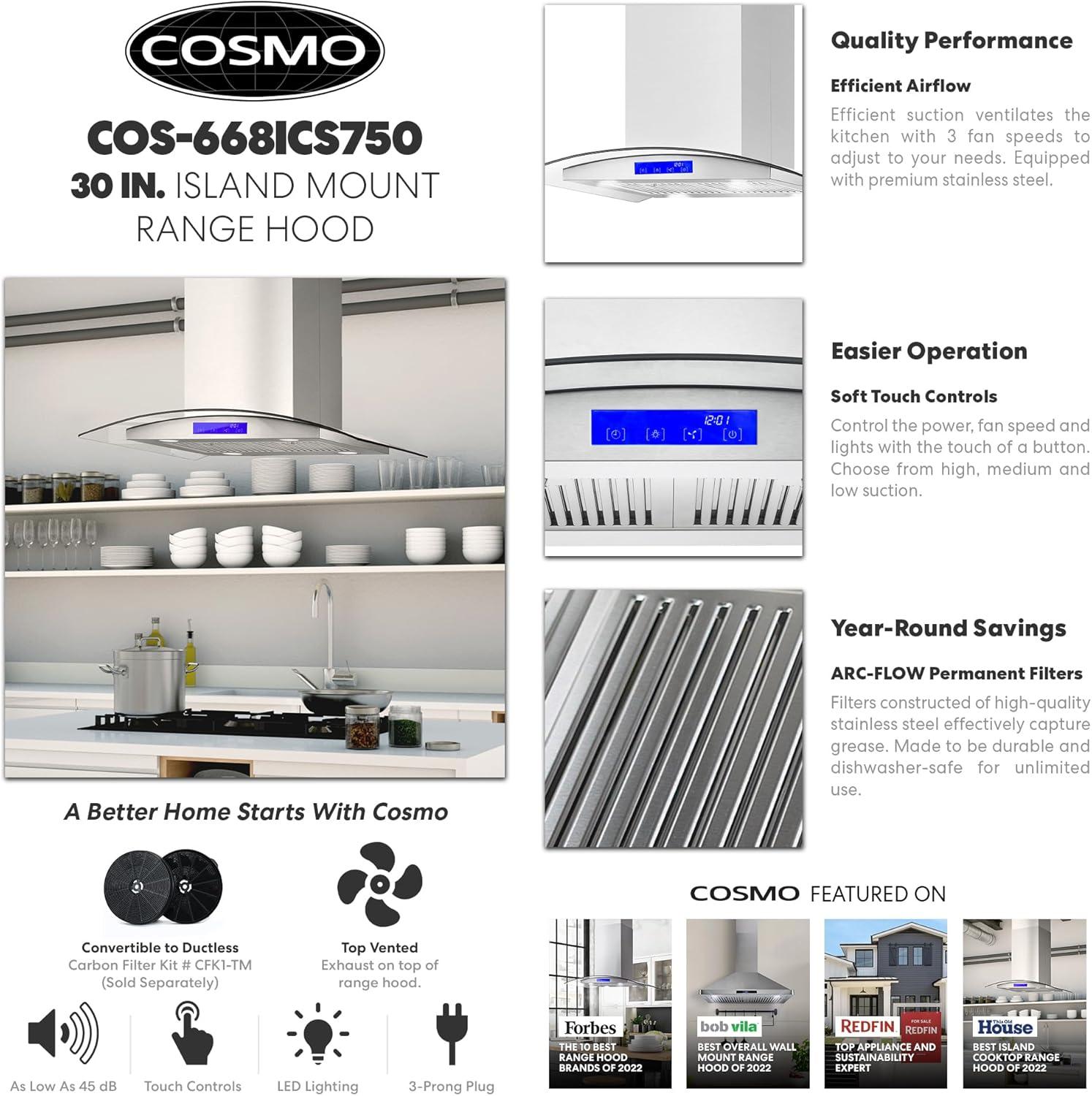 Cosmo 30 in. Ducted Island Range Hood in Stainless Steel with LED Lighting and Permanent Filters