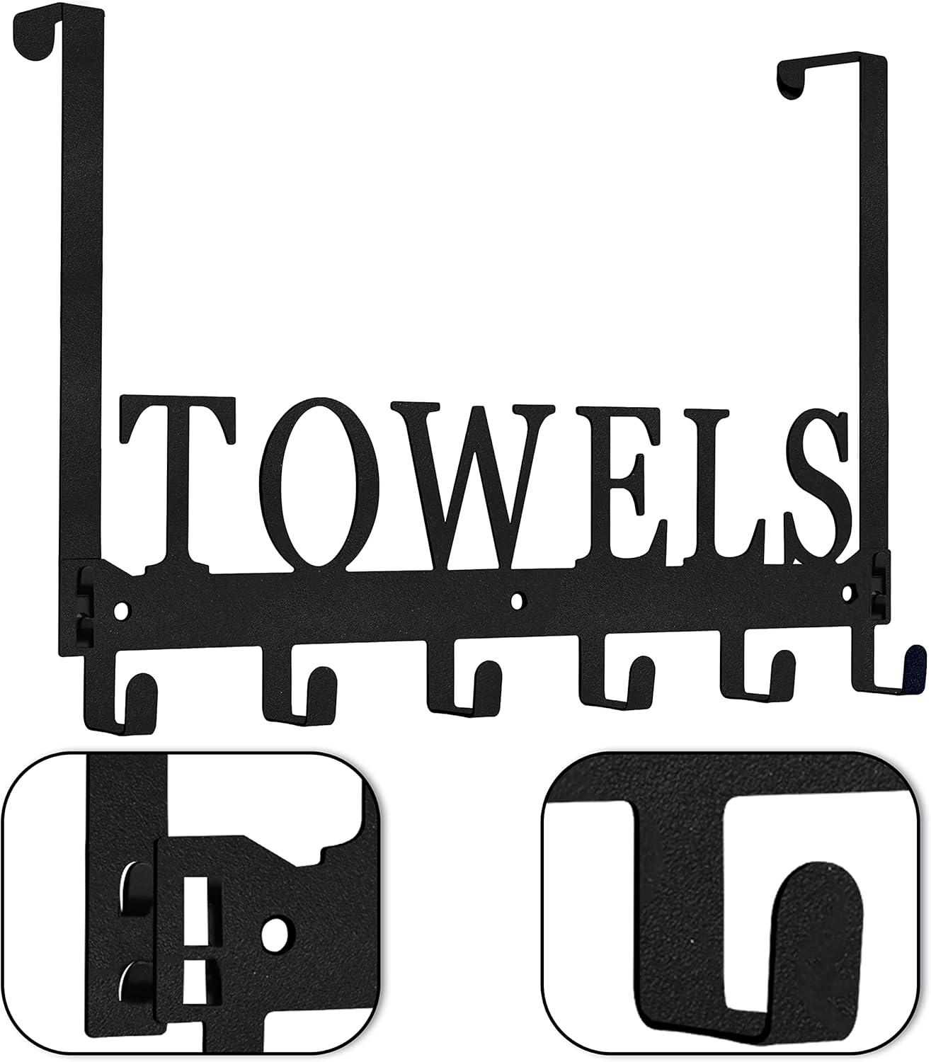 Over The Door Hooks, Towel Holder for Bathroom, Mount Rack Metal Bath Hanger Bedroom Kitchen Pool Beach Bathrobe Wall Hooks (6 Hooks, Black).