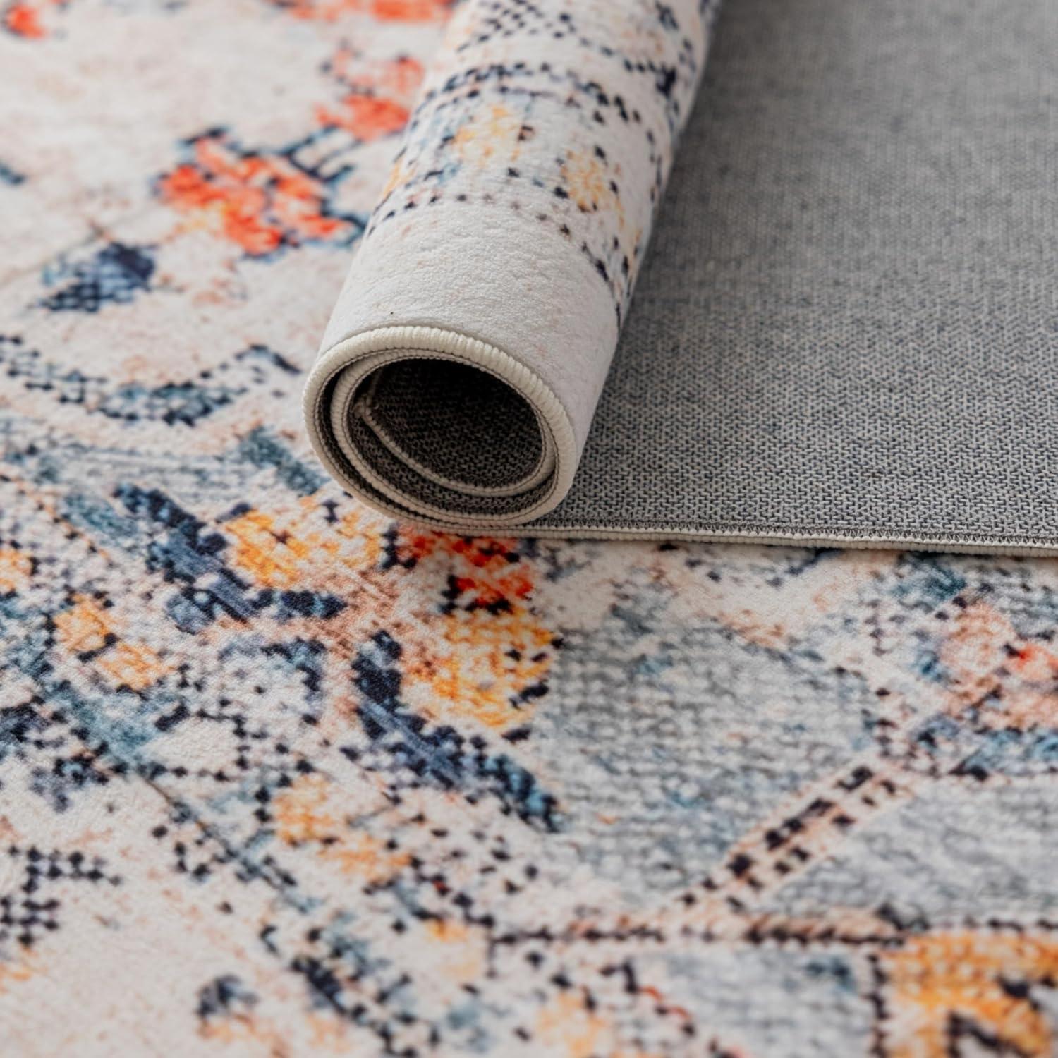 VK VK·LIVING 9x12 Area Rug Washable Rugs for Living Room Rug Vintage Design Boho Rug with Non Slip Living Room Rug Bedroom Carpet Stain Resistant, Home Decor, Blue&Orange