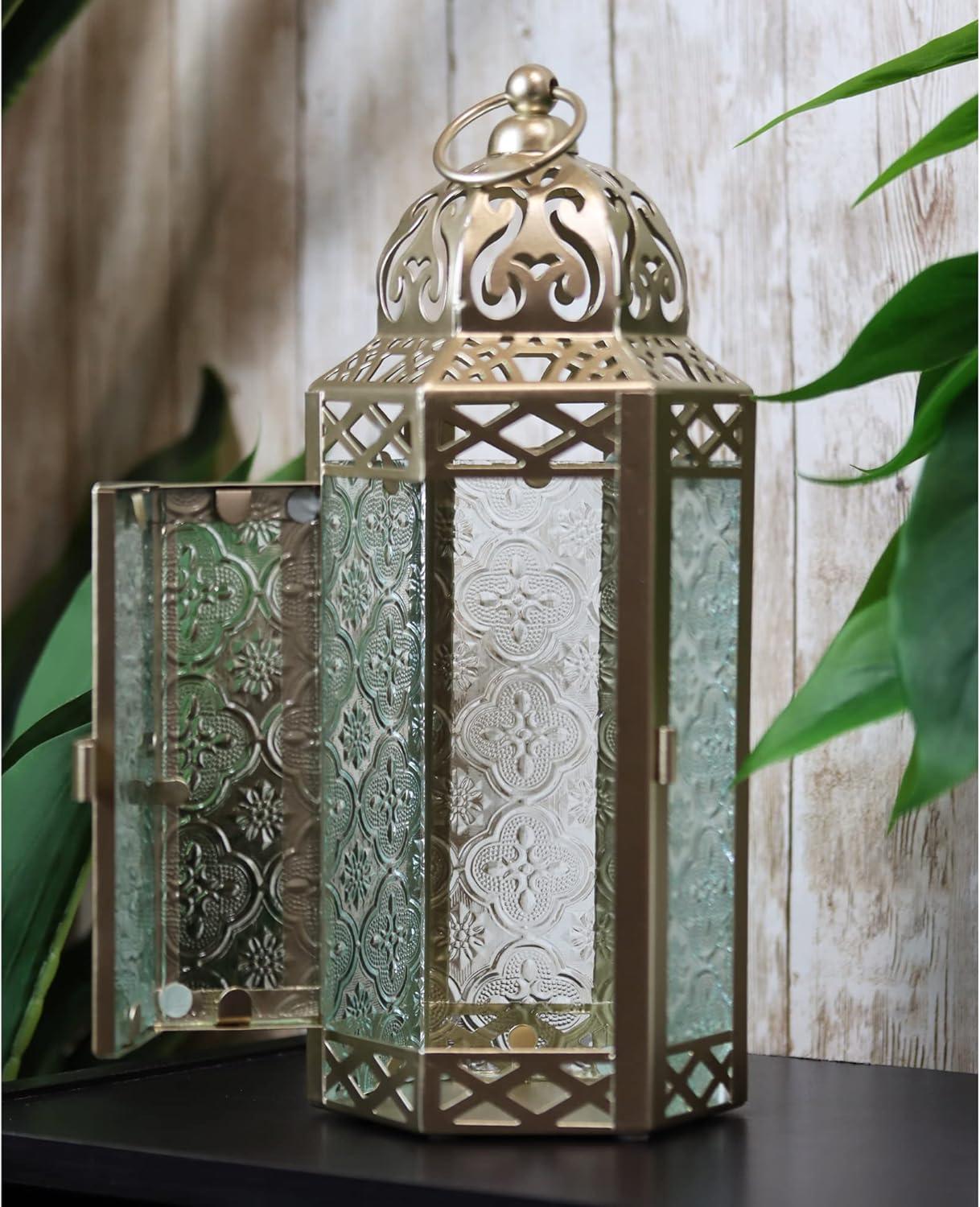 Moroccan Lantern Decorative Candle Holder for Decor, White Gold, Medium