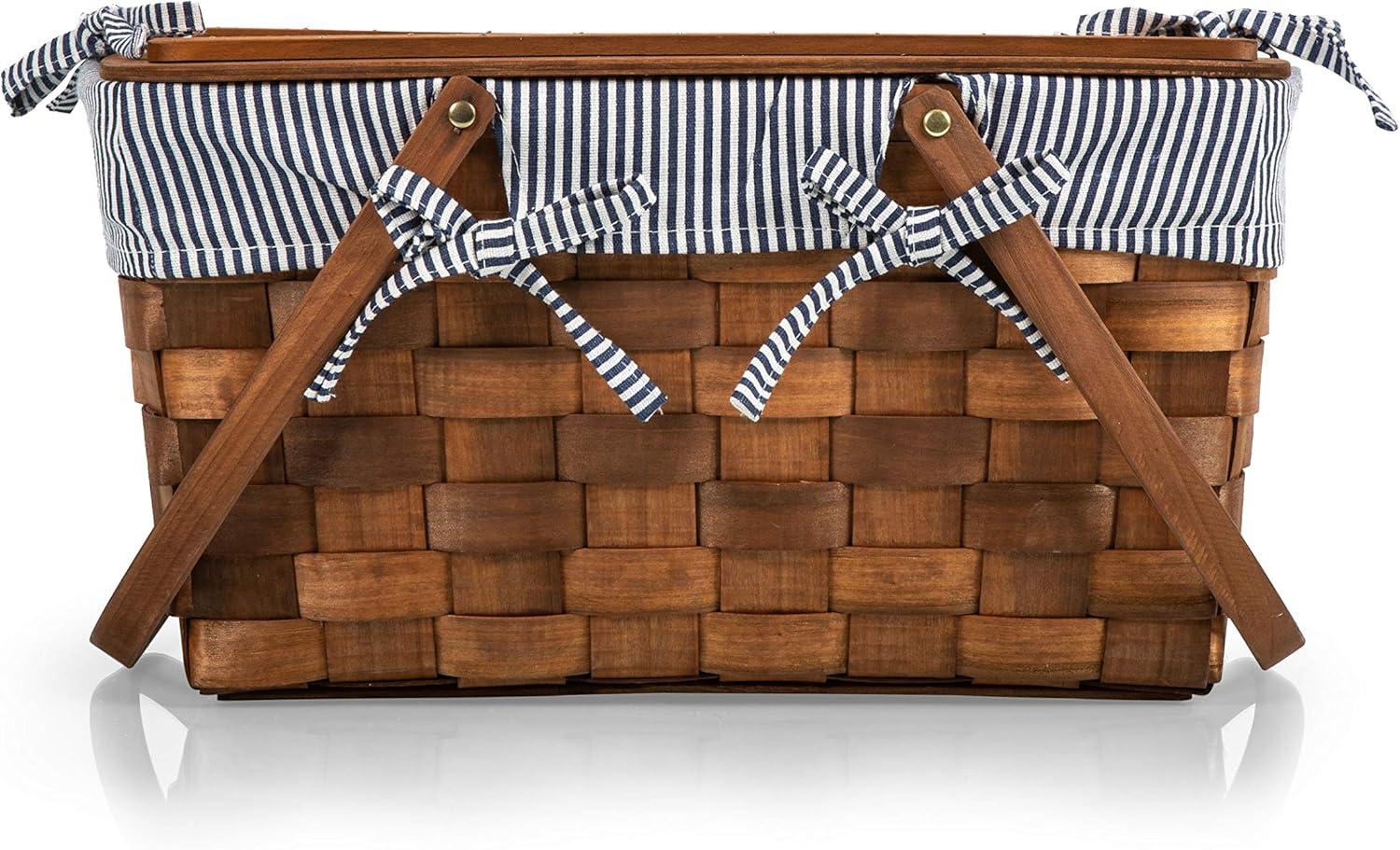 Picnic Time Kansas Handwoven Wood Picnic Basket with Navy Blue and White Stripe