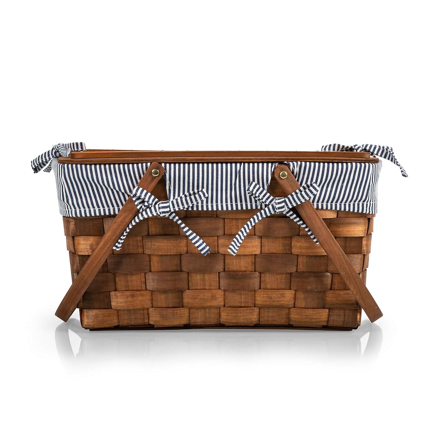 Picnic Time Kansas Handwoven Wood Picnic Basket with Navy Blue and White Stripe