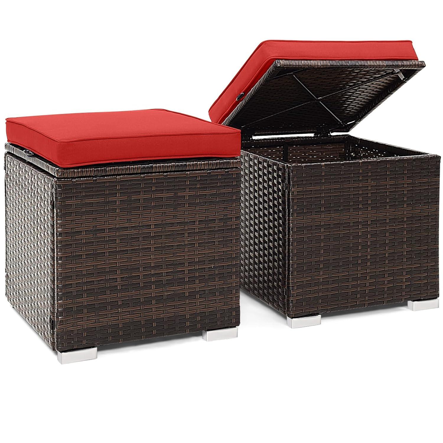 Latitude Run® 2-Pieces Patio Ottoman Set Outdoor Wicker Stool With Storage