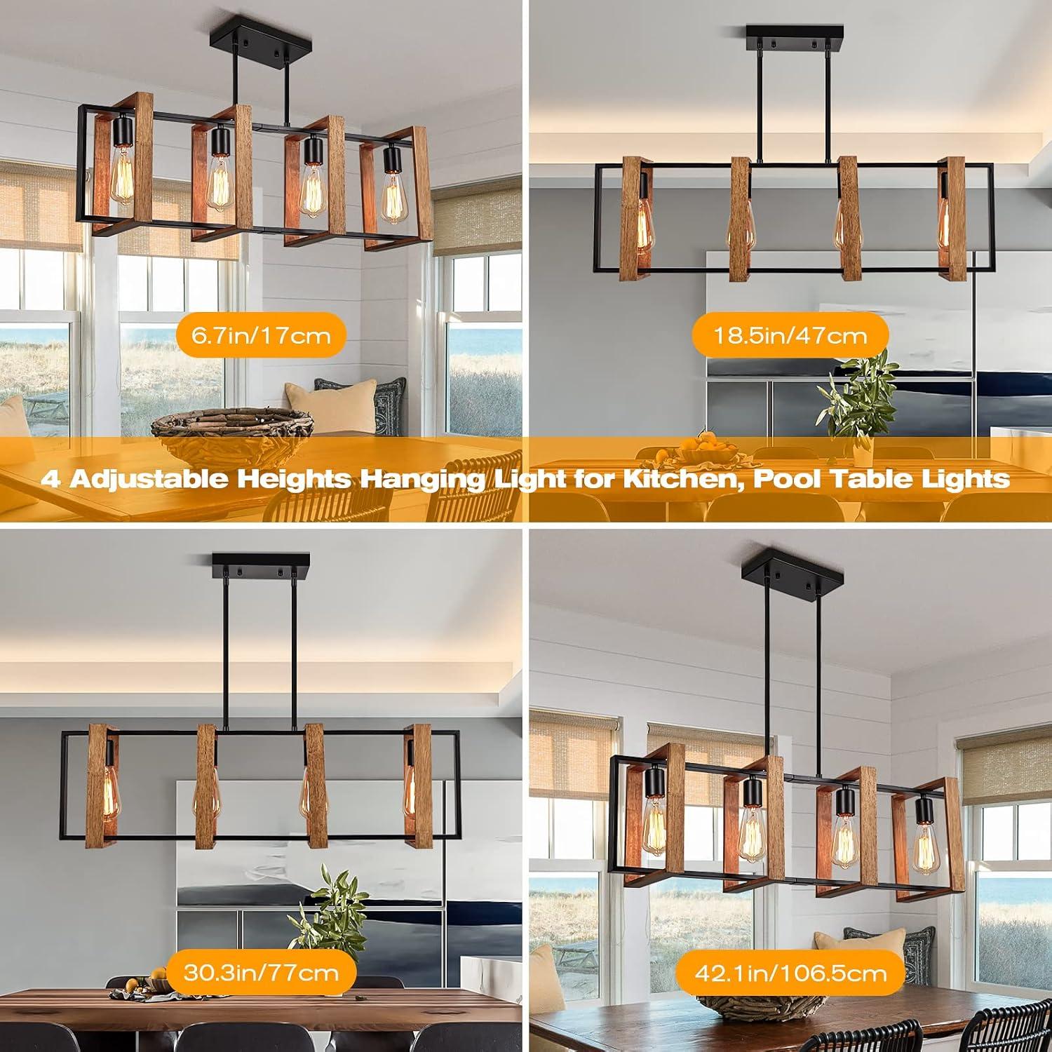 Edvivi Lighting Matte Black and Wood 4-Light Linear Island Lighting with Exposed Bulbs