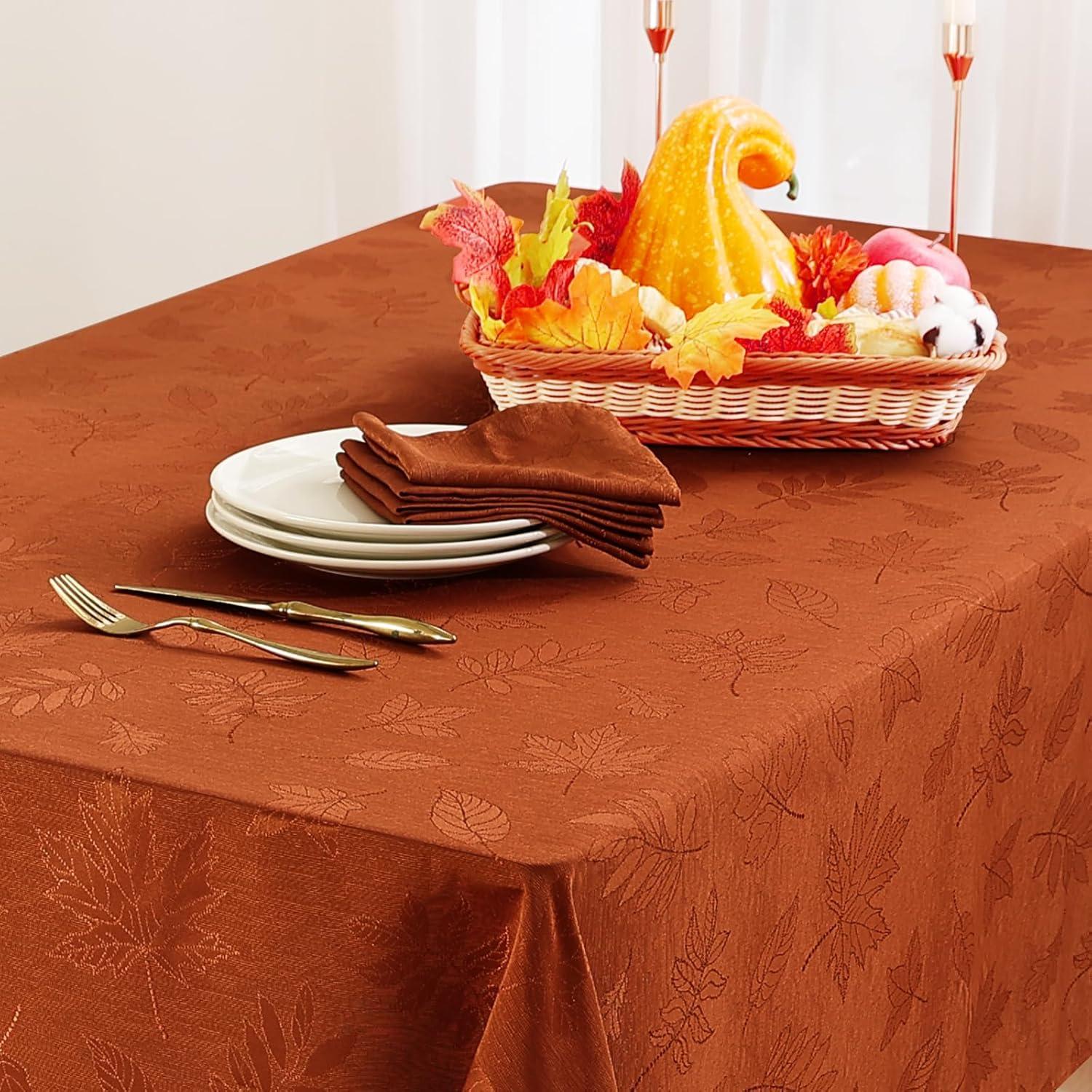 Fall Tablecloth Rectangle 60X84 Inch, Waterproof Autumn Leaves Jacquard Table Cloth, Damask Fabric Table Covers For Harvest Parties, And Thanksgiving Decor, Rust/Burnt Orange