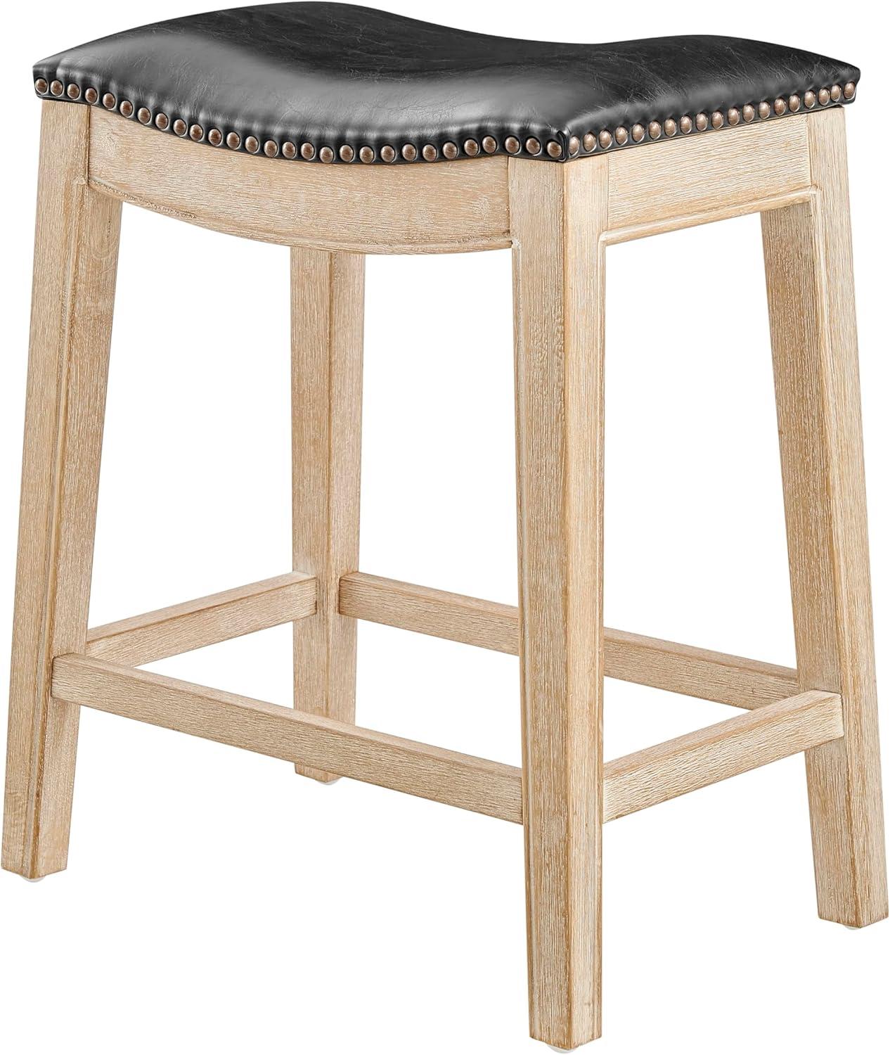 Borneo Black Faux Leather Saddle Counter Stool with Wood Legs