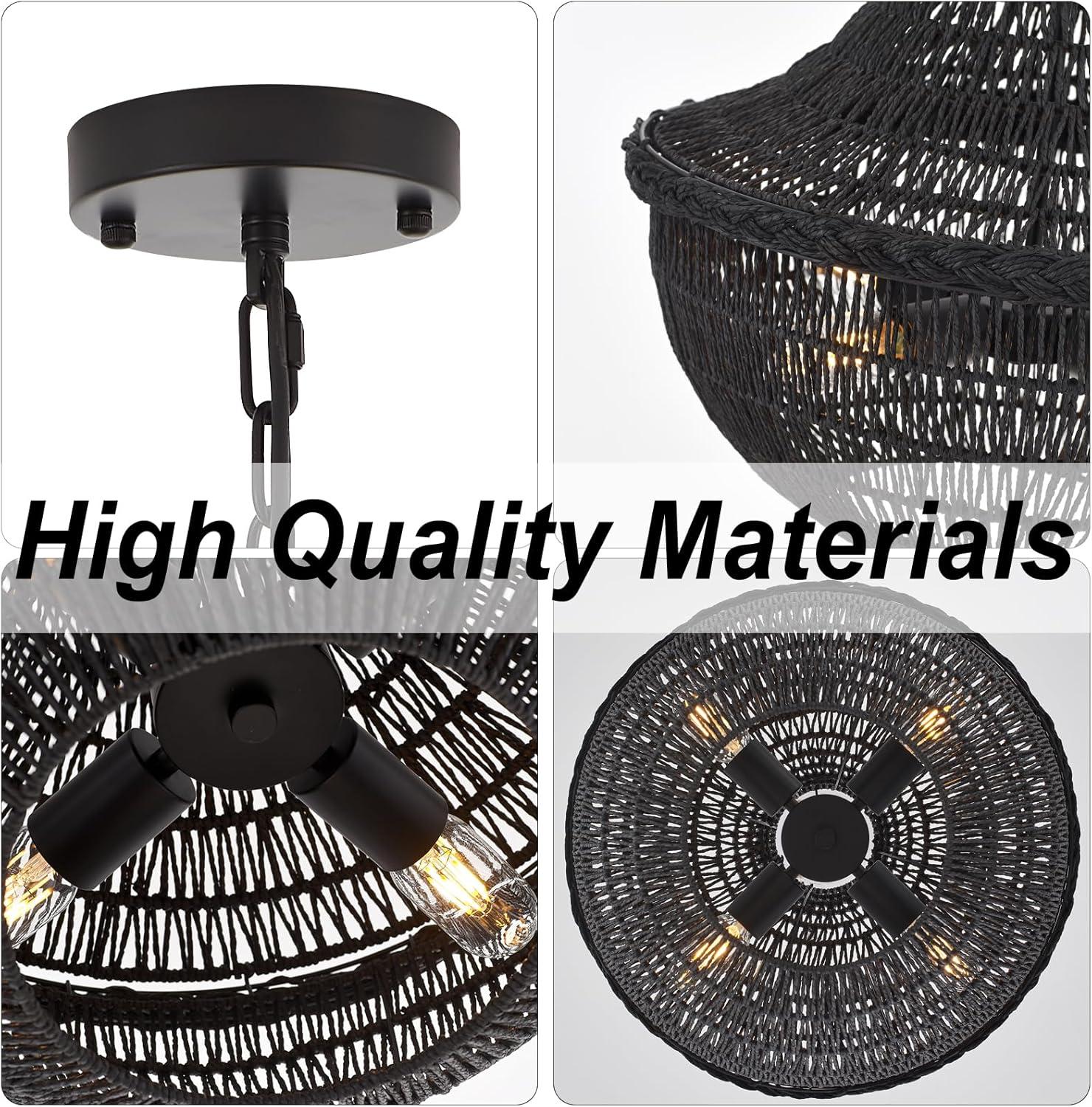 19.69" Boho Black Rattan Chandelier Vintage 4-Lights Farmhouse Hand-Woven Bamboo Basket Chandelier Light Fixture Rustic Wicker Rattan Chandeliers for Dining Room, Kitchen, Living Room