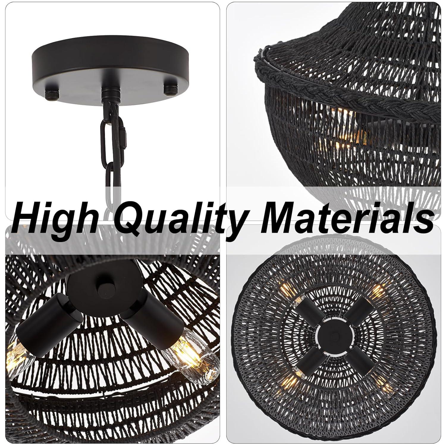 19.69" Boho Black Rattan Chandelier Vintage 4-Lights Farmhouse Hand-Woven Bamboo Basket Chandelier Light Fixture Rustic Wicker Rattan Chandeliers for Dining Room, Kitchen, Living Room