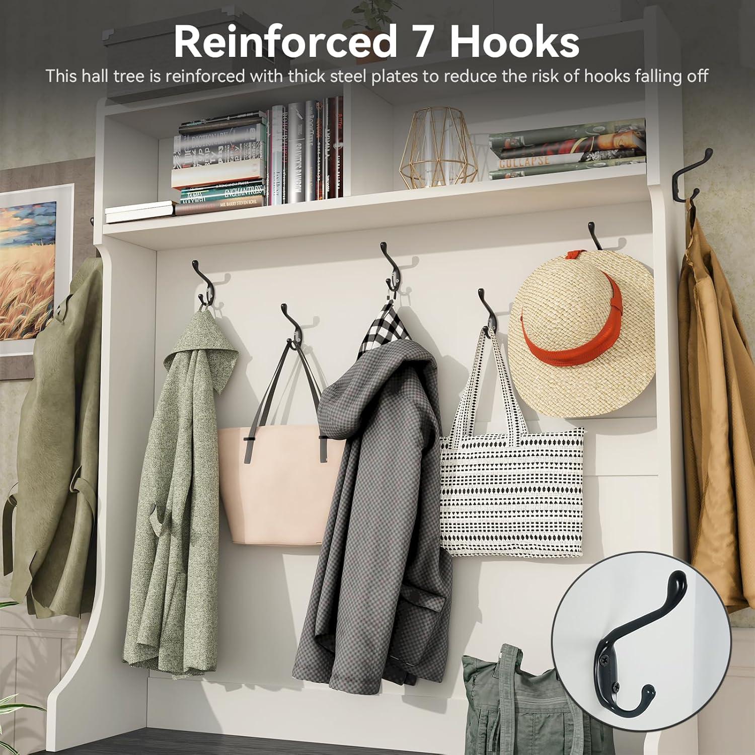 Hall Tree with Removable Bench and Shoe Storage, 77" H Entryway Coat Rack Freestanding with 9 Shoe Cubbies and 7 Coat Hooks, Farmhouse Wooden Style Mudroom Bench Storage Cabinet, White