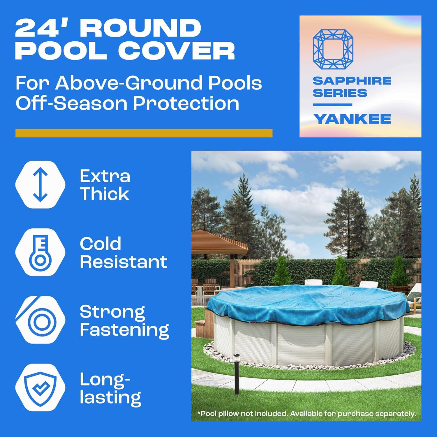 24ft Round Blue Above Ground Pool Cover with Steel Cable