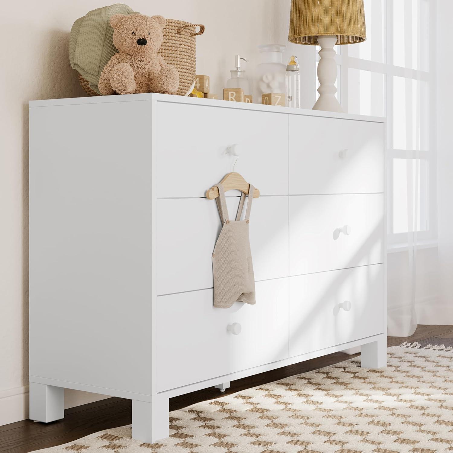 White Wood 6-Drawer Nursery Dresser with Safety Features