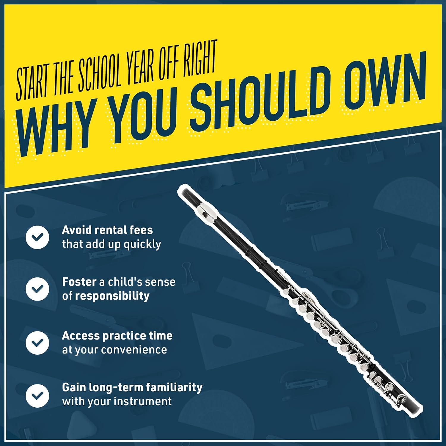 Mendini By Cecilio Flute, 16 Keys C Flute Instrument Closed Hole For Beginners with Carrying Case, Cork Grease, Stand, Lesson Book, Cleaning Kit, Gloves (Black)