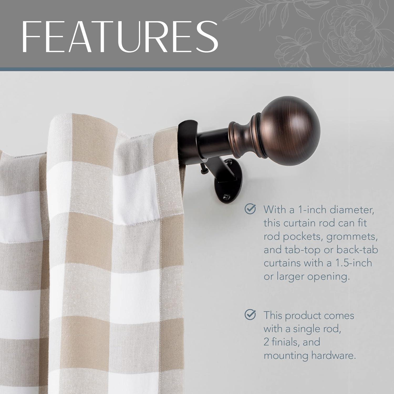 Cordelia 1" Window Drapery Single Curtain Rod with Globe Ball Finial - 86"-120" - Antique Bronze - Elrene Home Fashions
