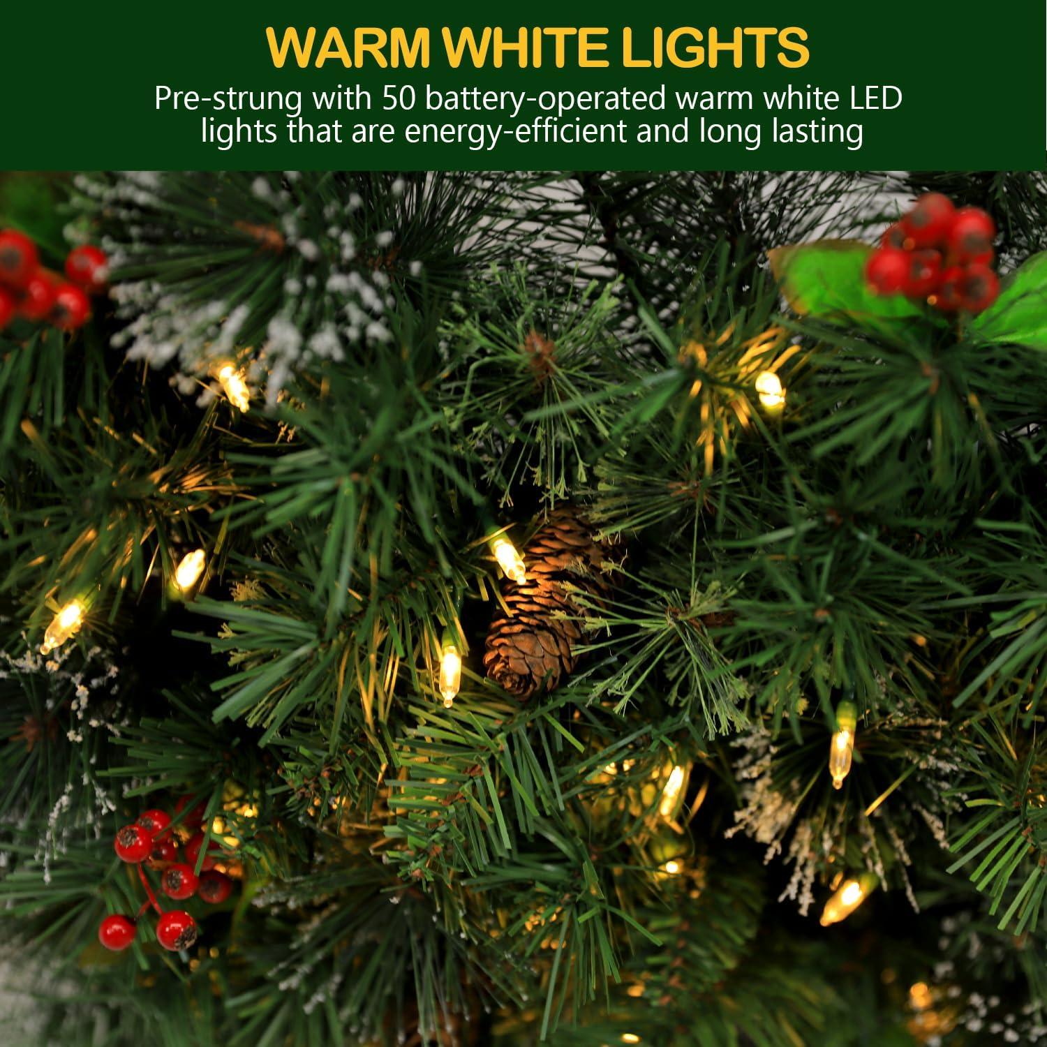 💐 Wreath door hanger 24" Pre-Lit Artificial Christmas Wreaths for Front Door Decorated with Pine Cones, Red Berries, Frosted Branches, 50 LED Lights for Indoor Outdoor Christmas Decorations