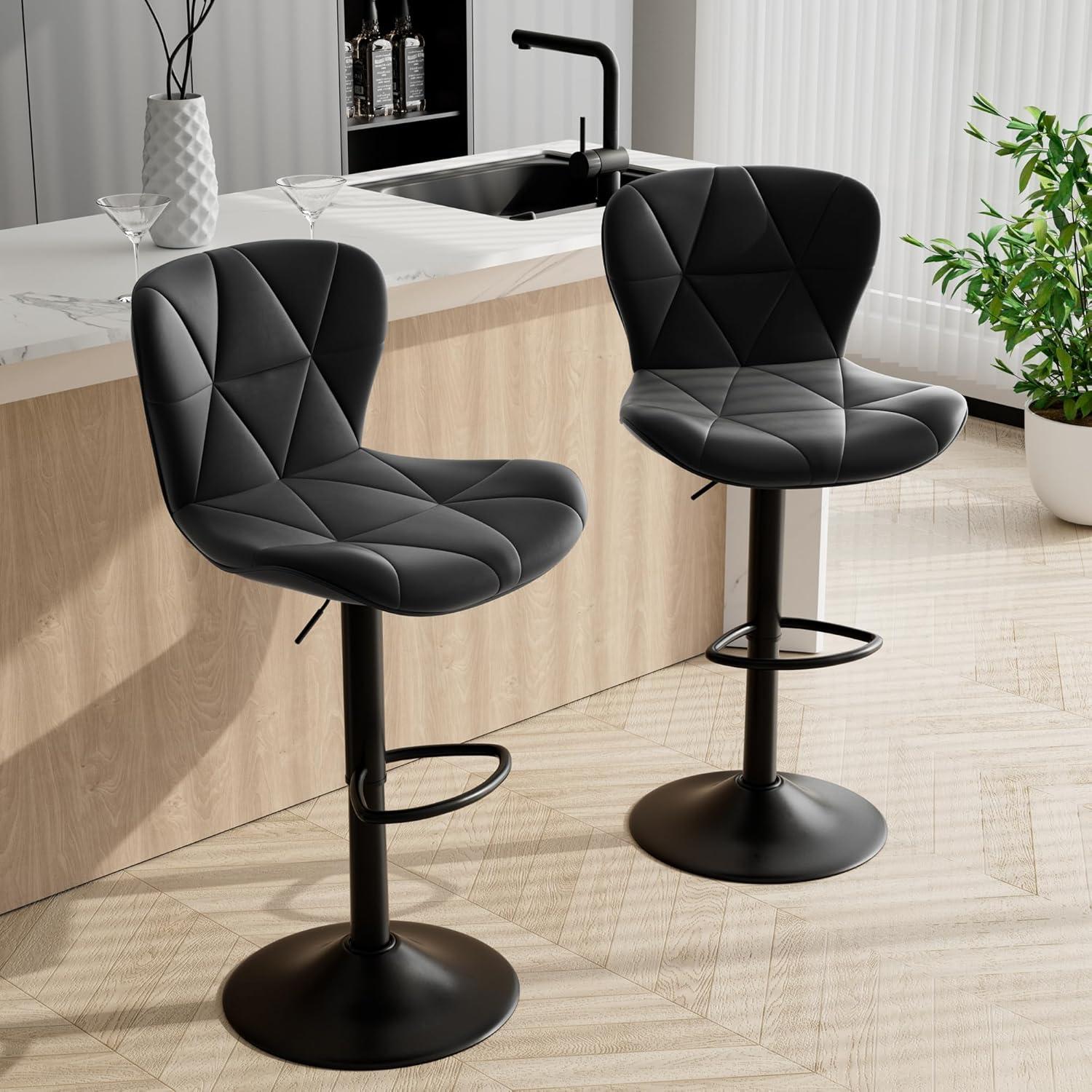 Black Adjustable Swivel Faux Leather Bar Stools Set of 2