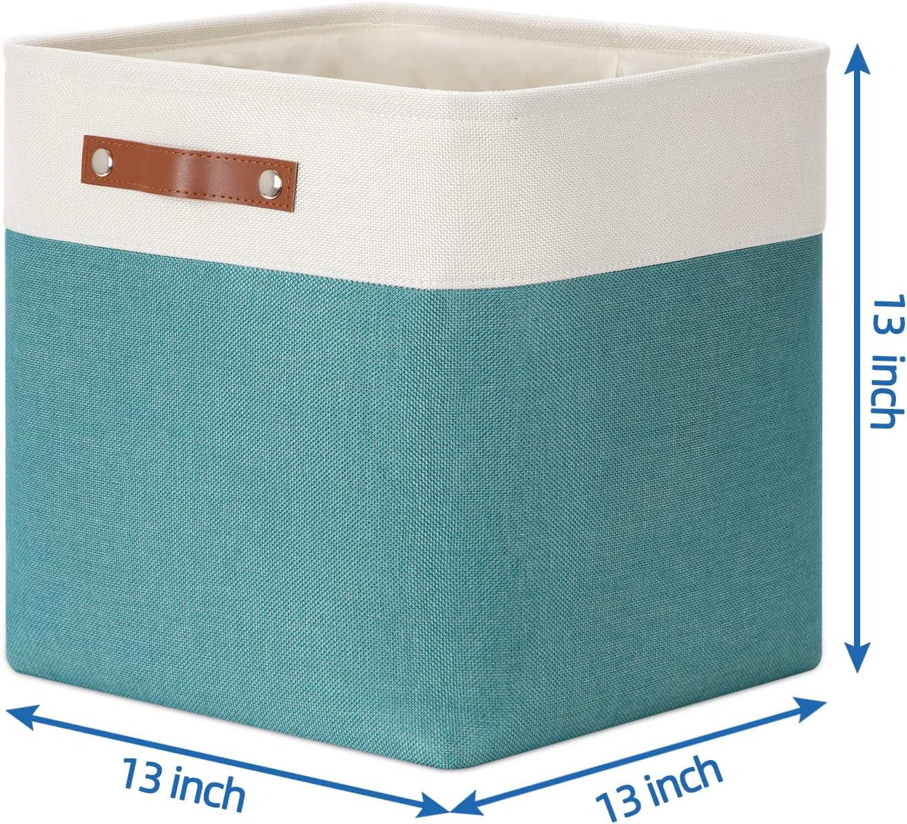 Tegance 13x13 Storage Cubes Baskets 4 Pack Fabric Cube Storage Bins Large Storage Baskets with Leather Handles,Decorative Storage Boxes for Organizing Shelves(WhiteGreen)