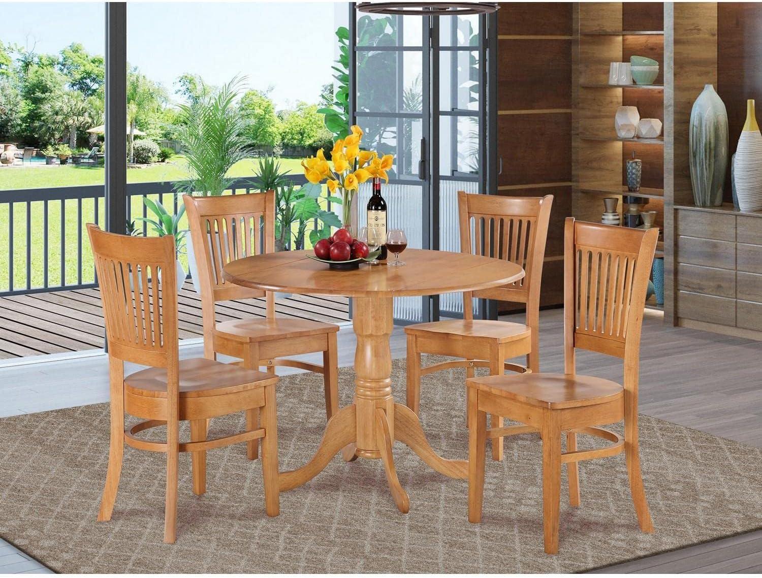 East West Furniture DLVA5-OAK-W 5 Piece Modern Dining Table Set Includes a Round Wooden Table with Dropleaf and 4 Dining Room Chairs, 42x42 Inch, Oak