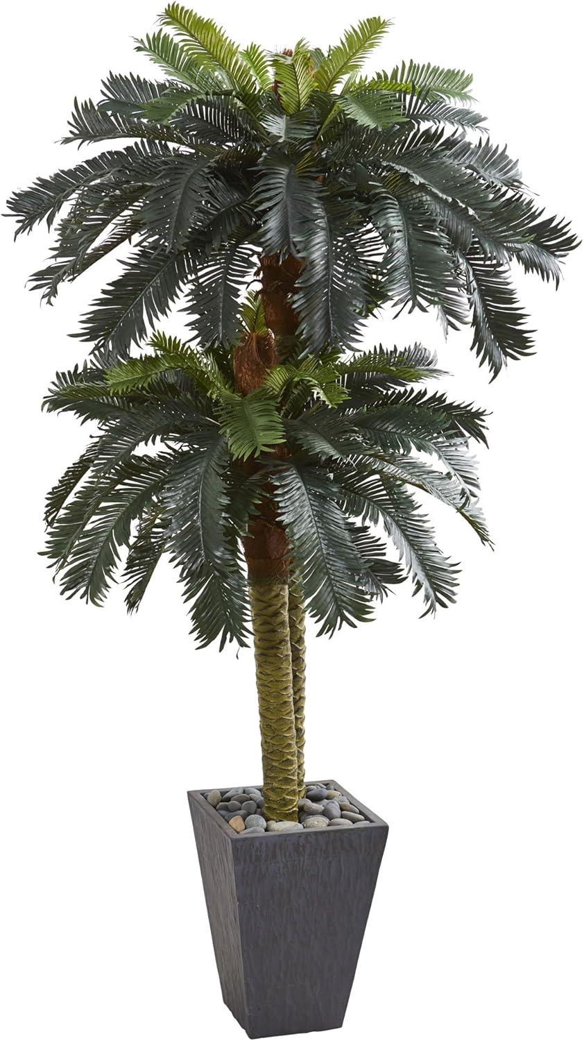 Nearly Natural 6-ft Double Sago Palm Artificial Tree Slate Finished Planter