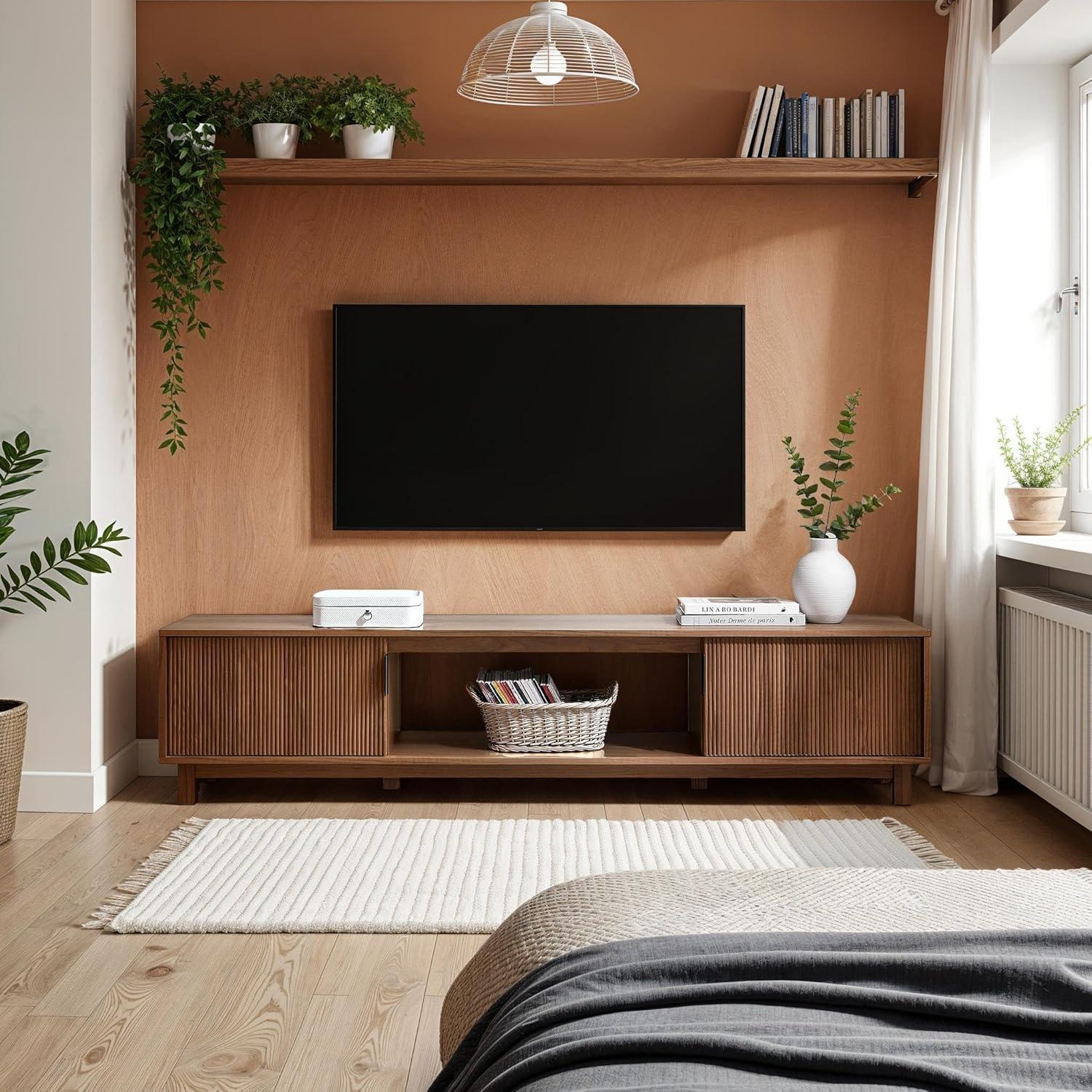Mocha 70" Modern Fluted-Door TV Stand with Cabinet