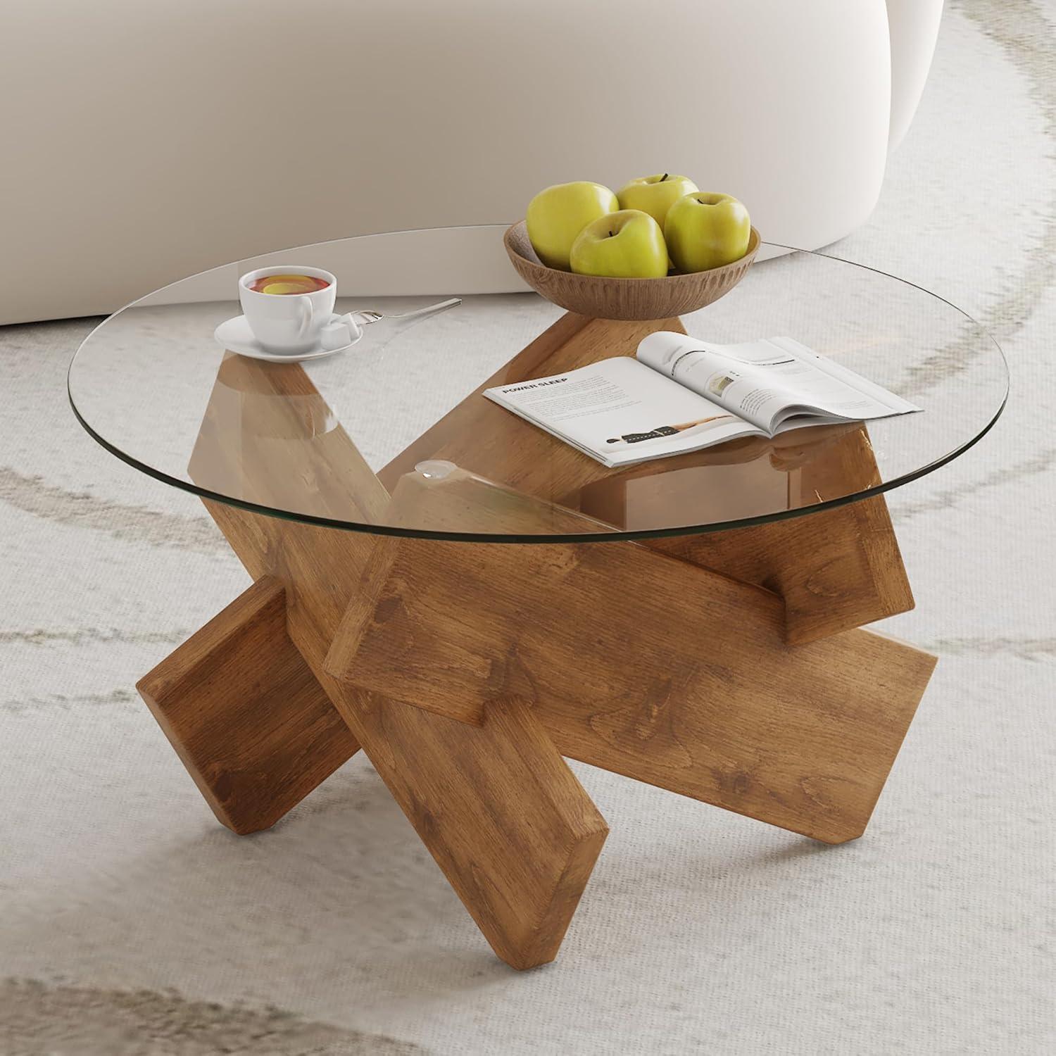 PAPROOS Round Coffee Table for Living Room, Modern Small Coffee Table with Tempered Glass Countertop and Patterned MDF Legs, Enter Table Side Table Glass Coffee Table, Easy Assembly, Natural Wood