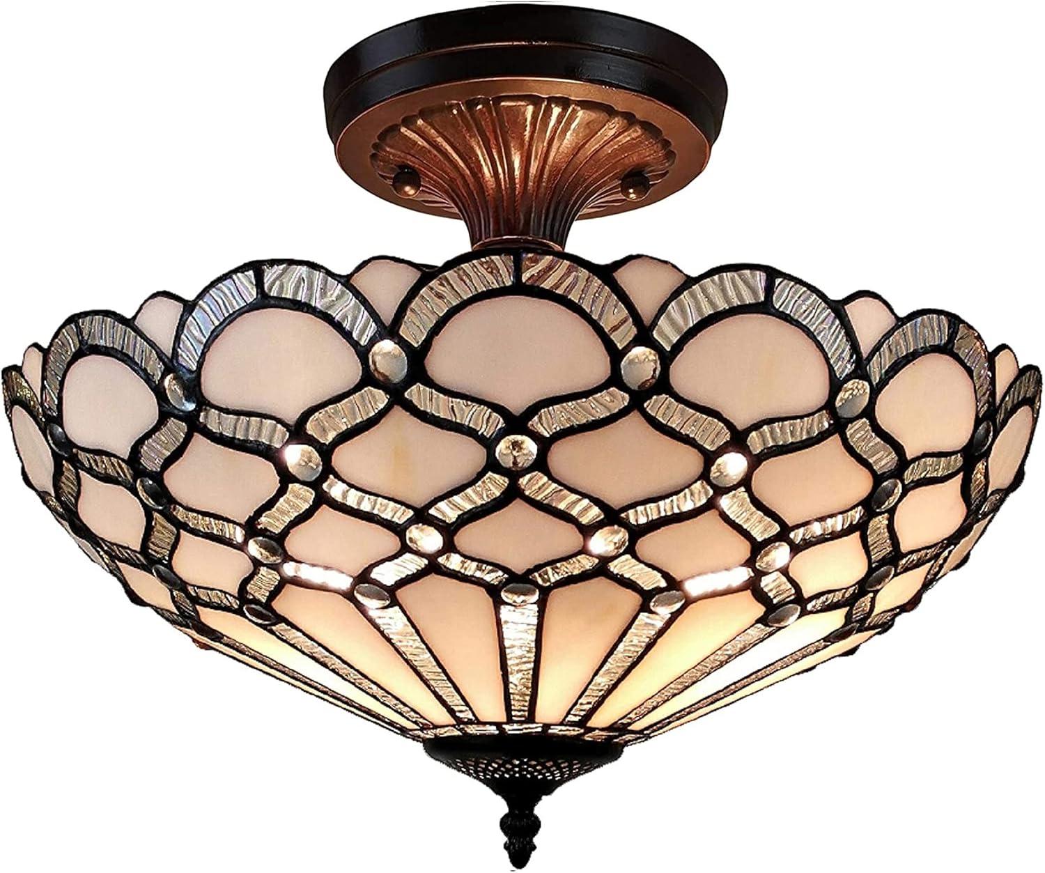 Amora Lighting Tiffany Style Ceiling Fixture Lamp Jeweled 17" Wide Stained Glass White Bedroom Hallway Gift AM108CL17B