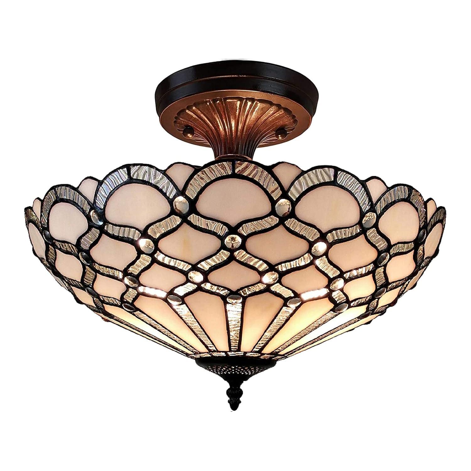 Amora Lighting Tiffany Style Ceiling Fixture Lamp Jeweled 17" Wide Stained Glass White Bedroom Hallway Gift AM108CL17B