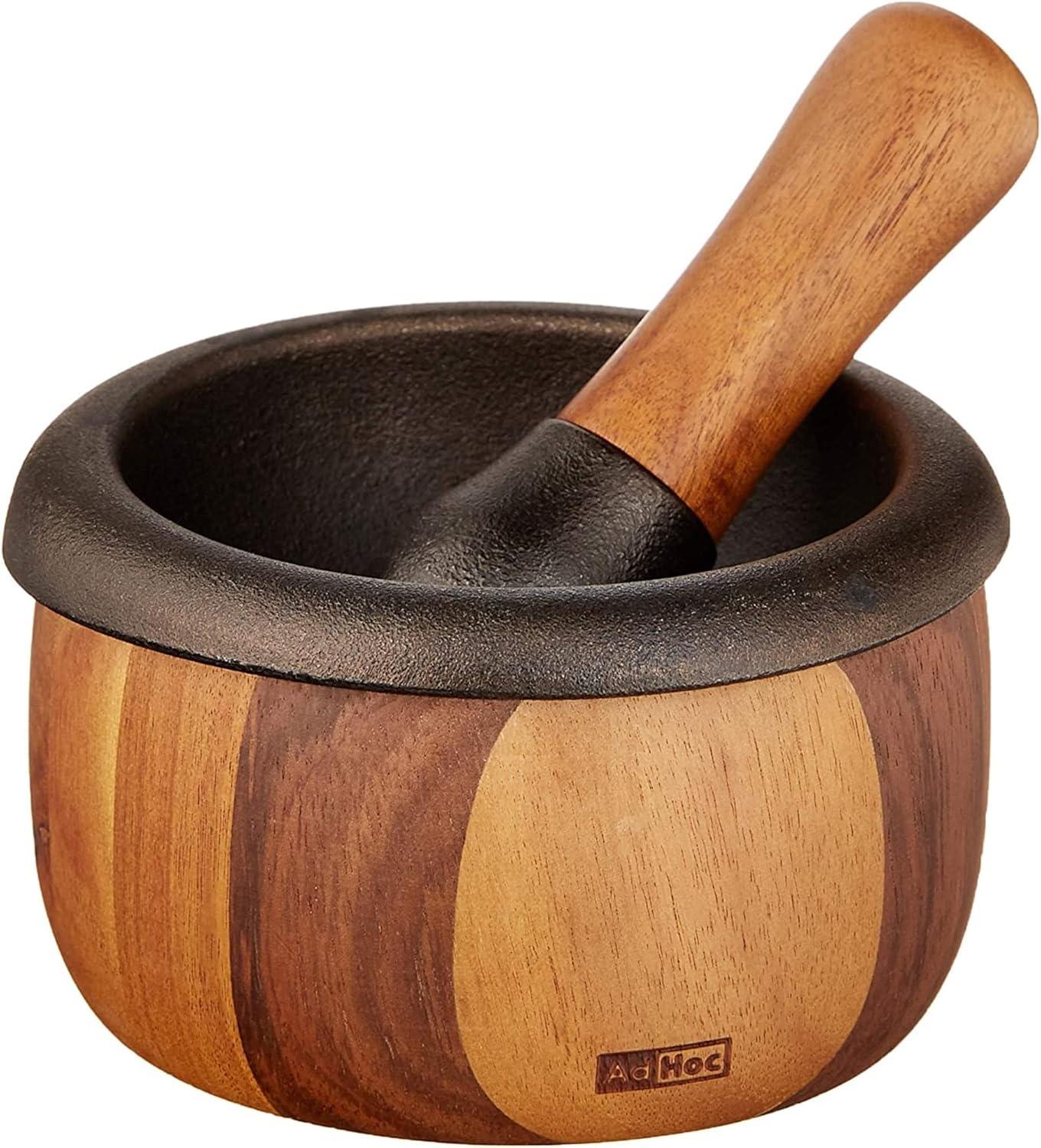 AdHoc Crush Cast Iron and Acacia Wood Mortar & Pestle, Brown & Black 5"