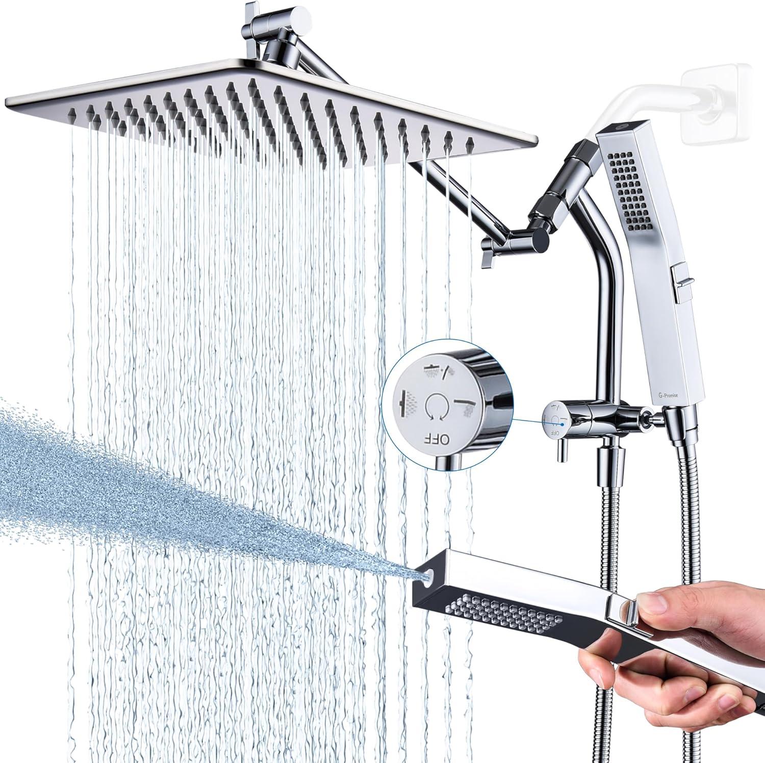 Chrome Adjustable Rain Shower Head with Handheld and Extension Arm