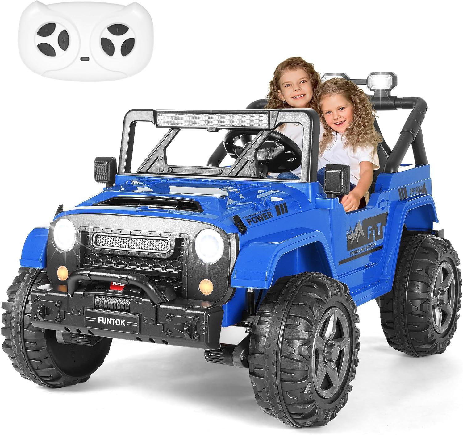 FUNTOK 24V 2 Seater Kids Ride on Truck w/ 20 " Large Seat,4 x 200W Motor Electric Vehicle Car,4WD/2WD Switchable Battery Powered Ride on Toy,3 Speeds with Remote Control & LED Lights,Light Blue