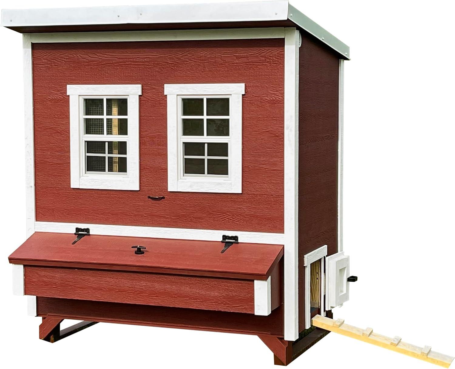 Large Red and White Wooden Walk-In Chicken Coop