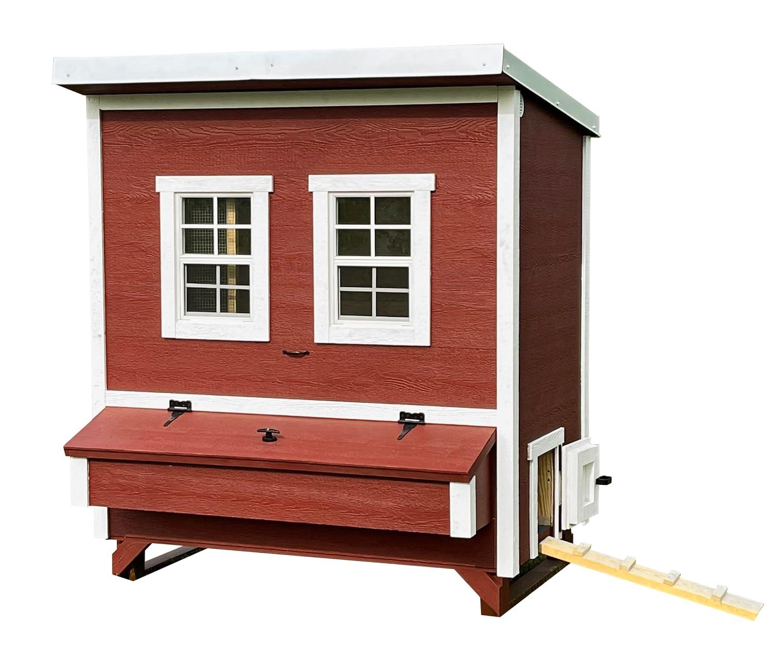 Large Red and White Wooden Walk-In Chicken Coop