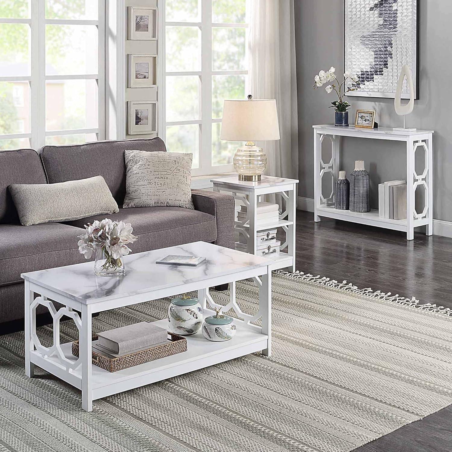 Convenience Concepts Omega End Table with Shelves, White Faux Marble/White