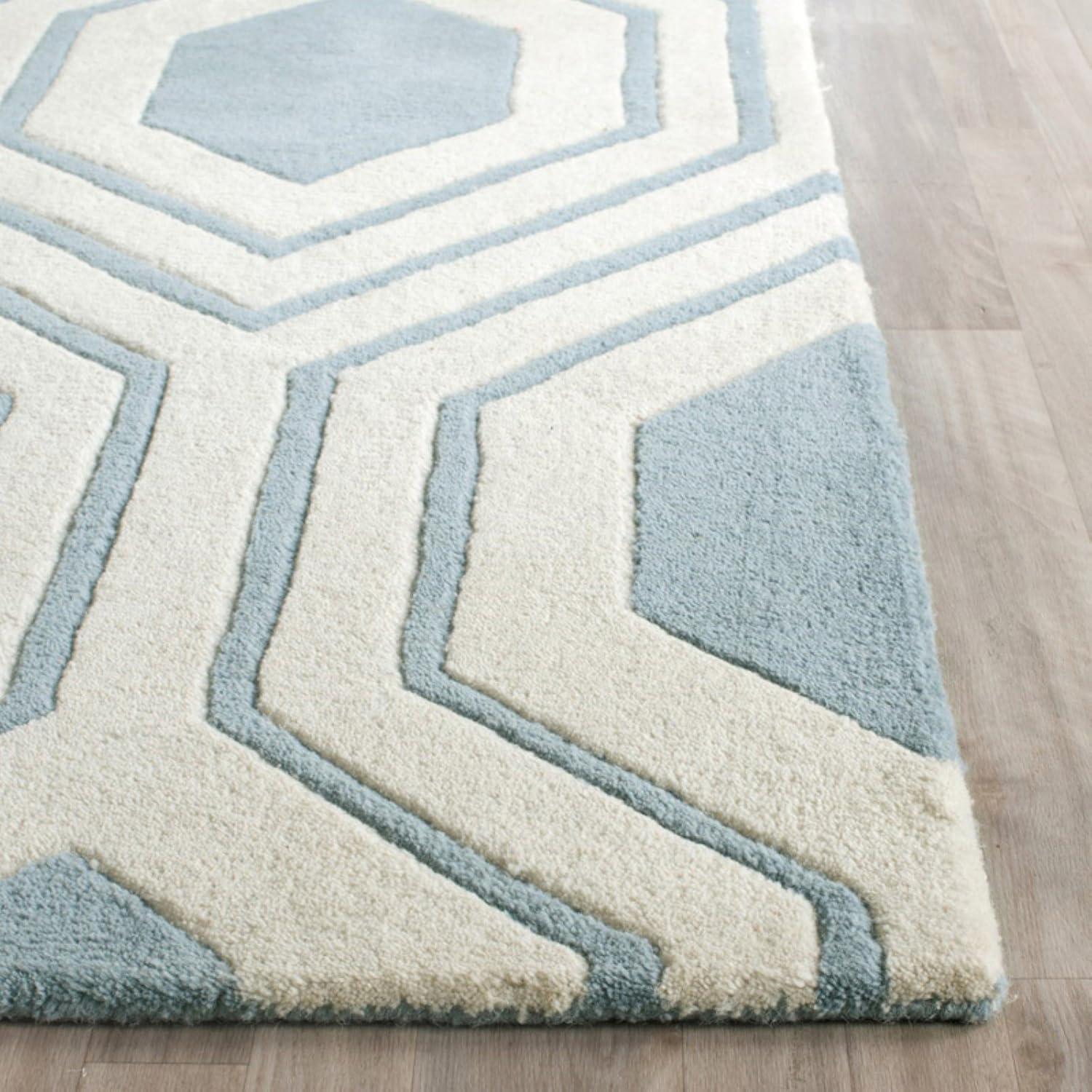 Handmade Blue Wool Tufted Rectangular Area Rug, 5' x 8'