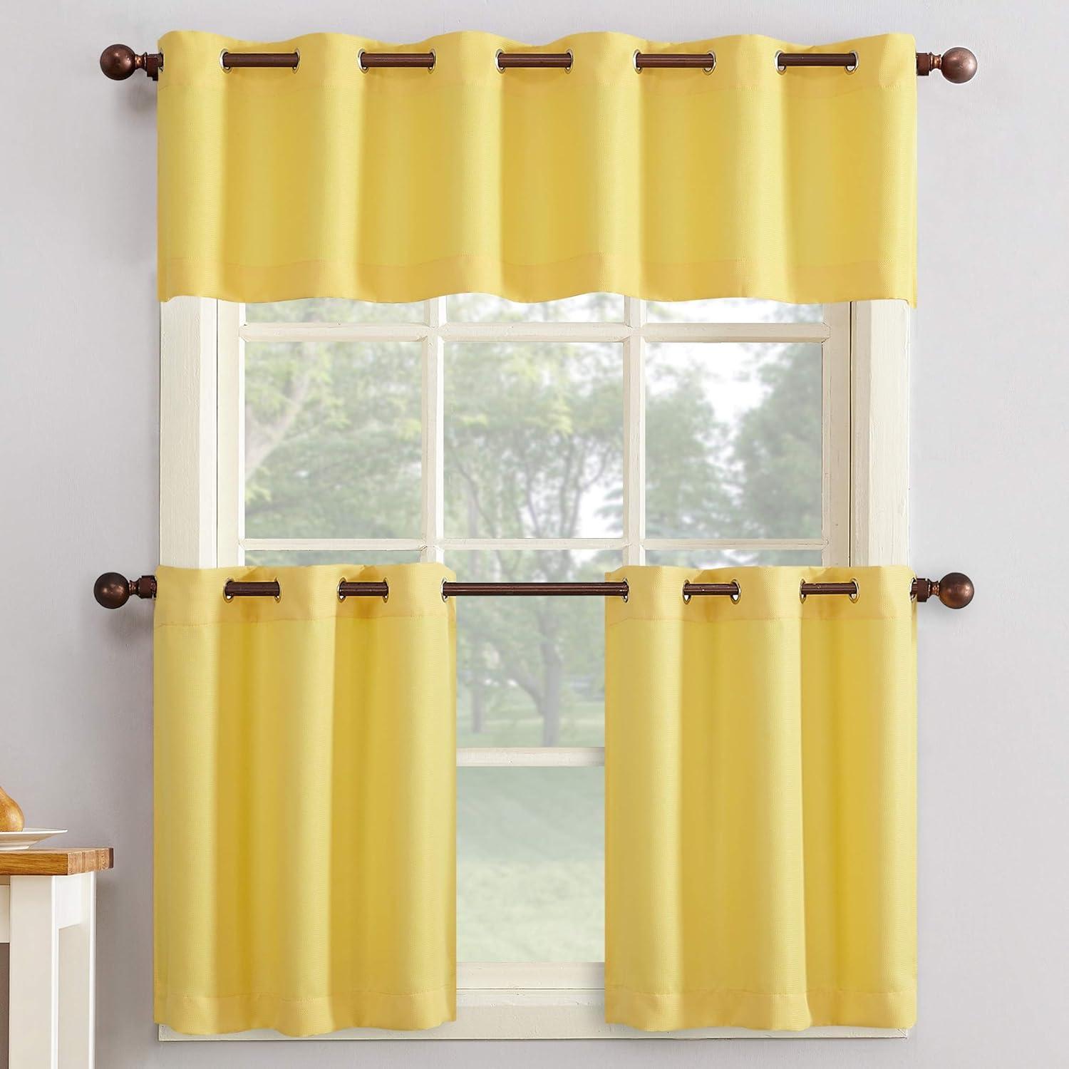 2pc 56"x24" No. 918 Semi-Sheer Montego Casual Textured Grommet Kitchen Curtain Tier Pair Yellow: 24 Inch Kitchen Window Curtains