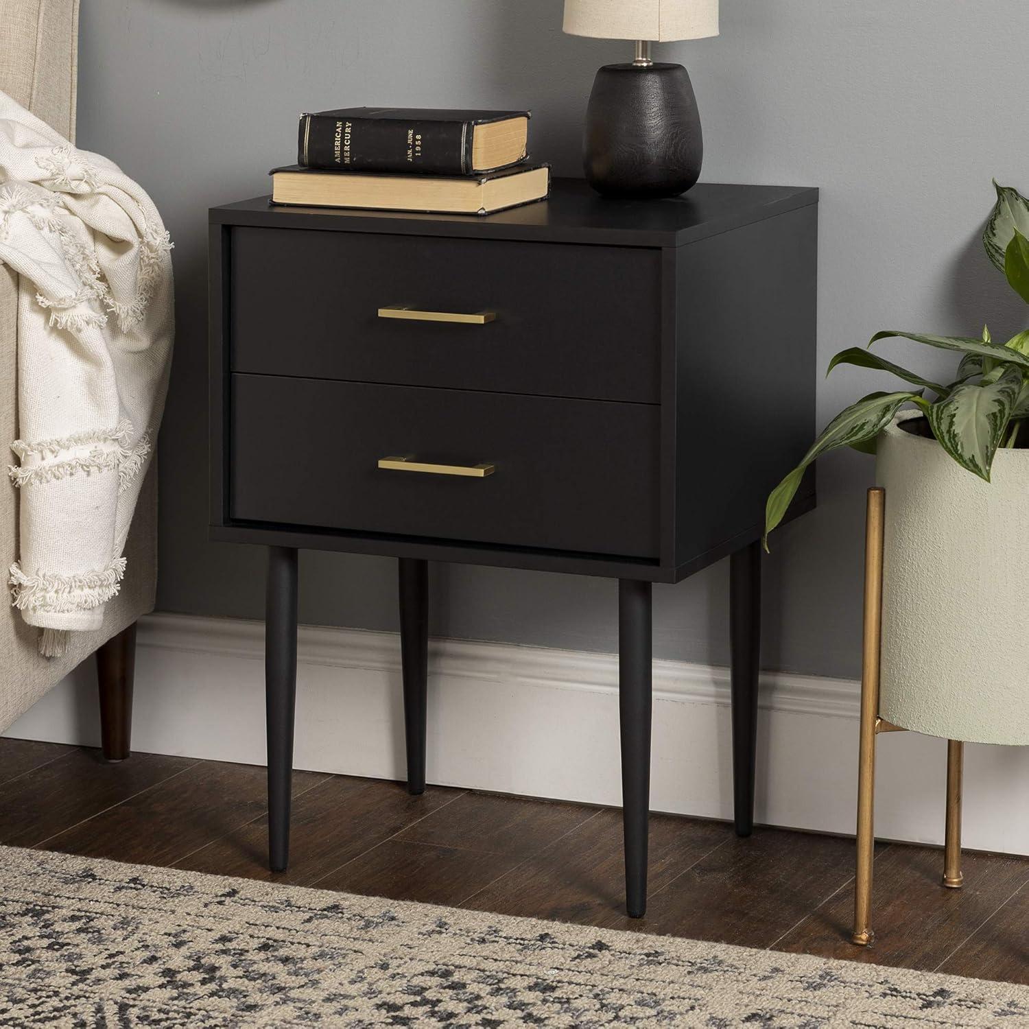 Evie 20" Solid Black Mid-Century Modern 2-Drawer Nightstand Set