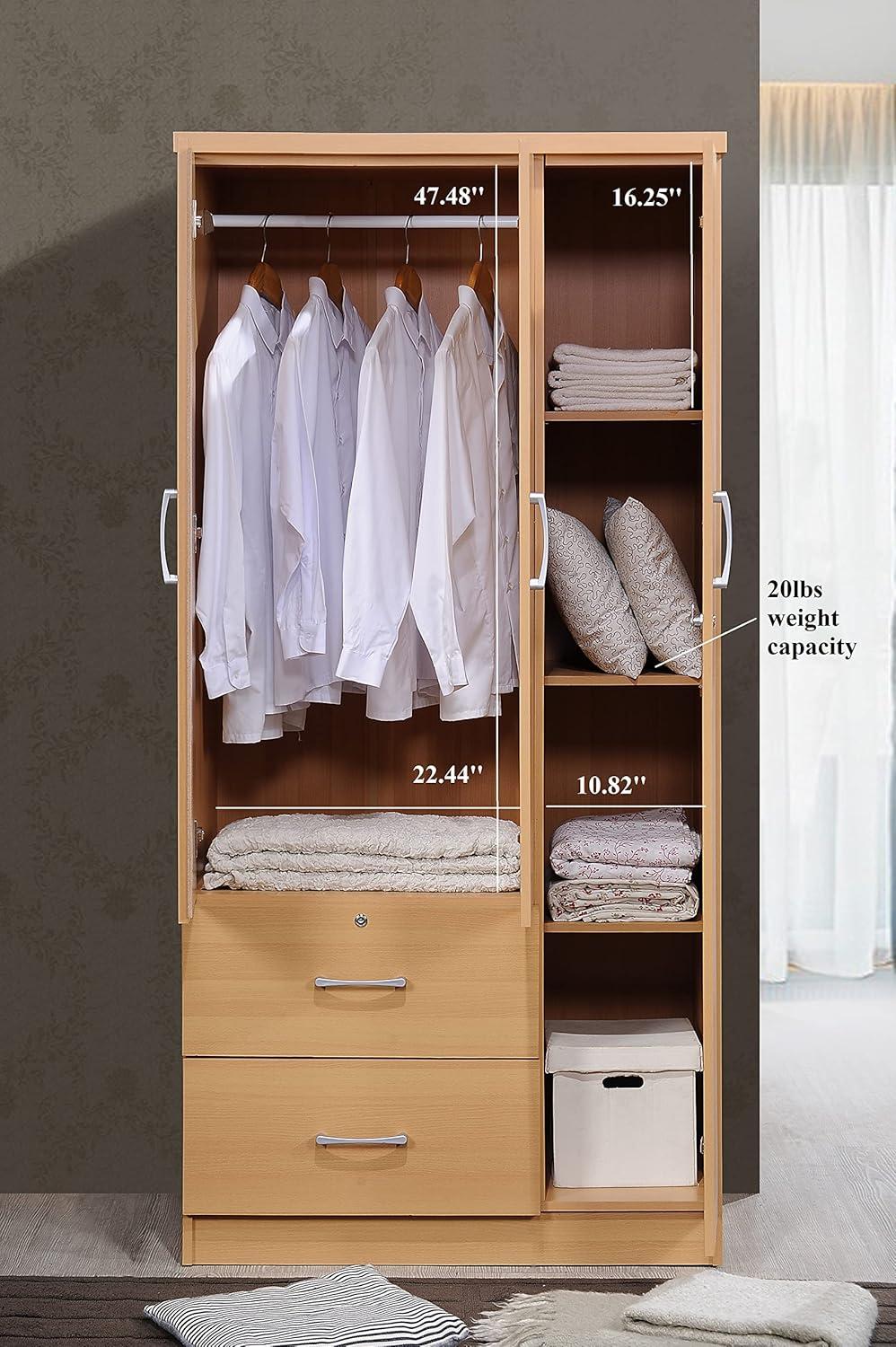 Hodedah 3 Door Armoire with 2 Drawers 3 Shelves in Beige Wood