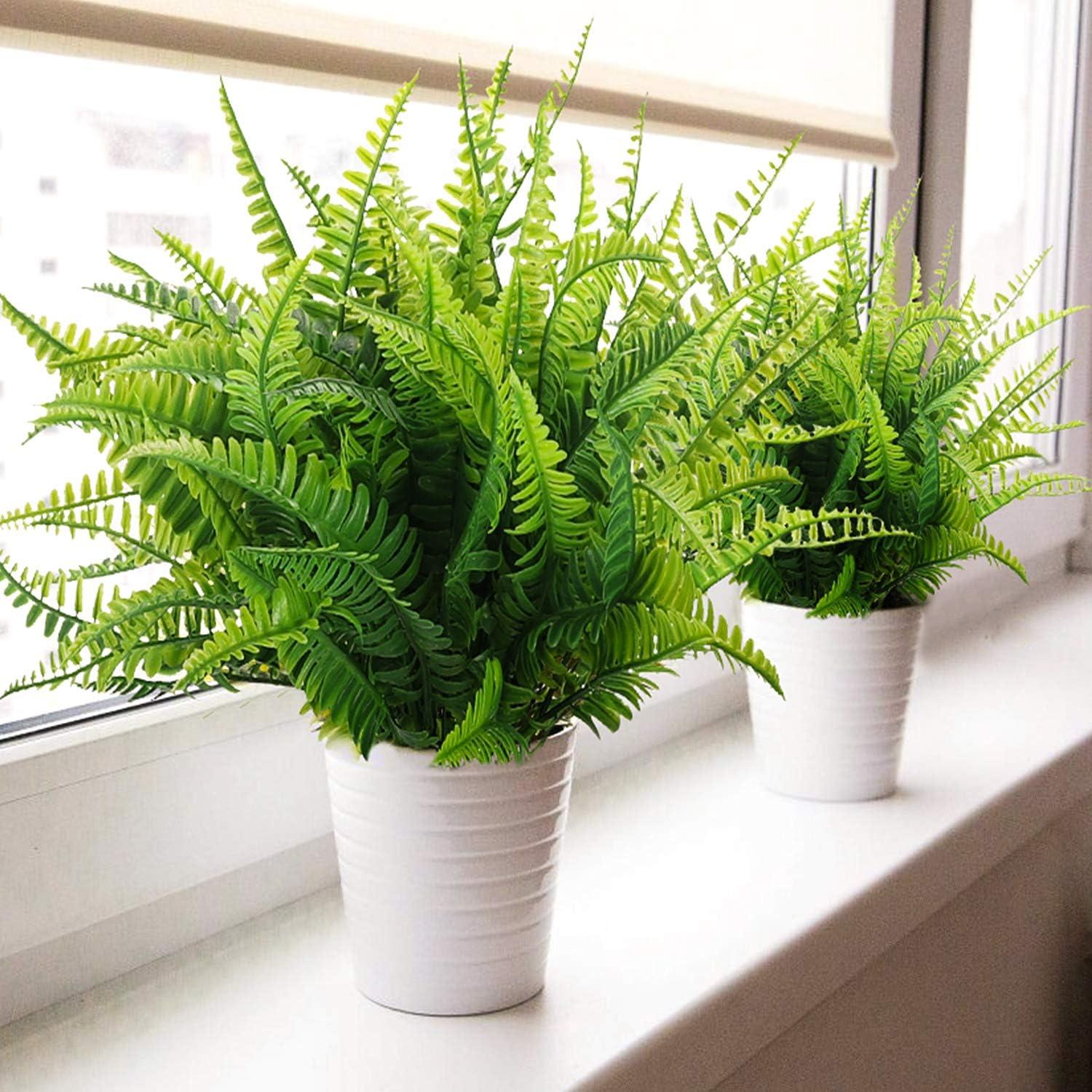 12pcs Artificial Flowers for Outdoor Fake Ferns Artificial Boston Fern Plant Artificial Ferns for Outdoor UV Resistant Plastic Plants (Green)