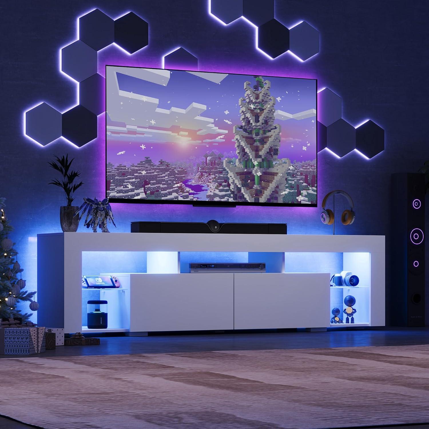 White Modern LED TV Stand with Drawers and Shelves