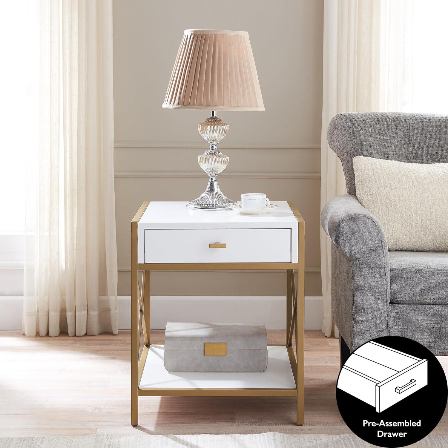 Leick Home Claudette Mixed Metal and Wood 1-Drawer End Table with Shelf, White/Gold