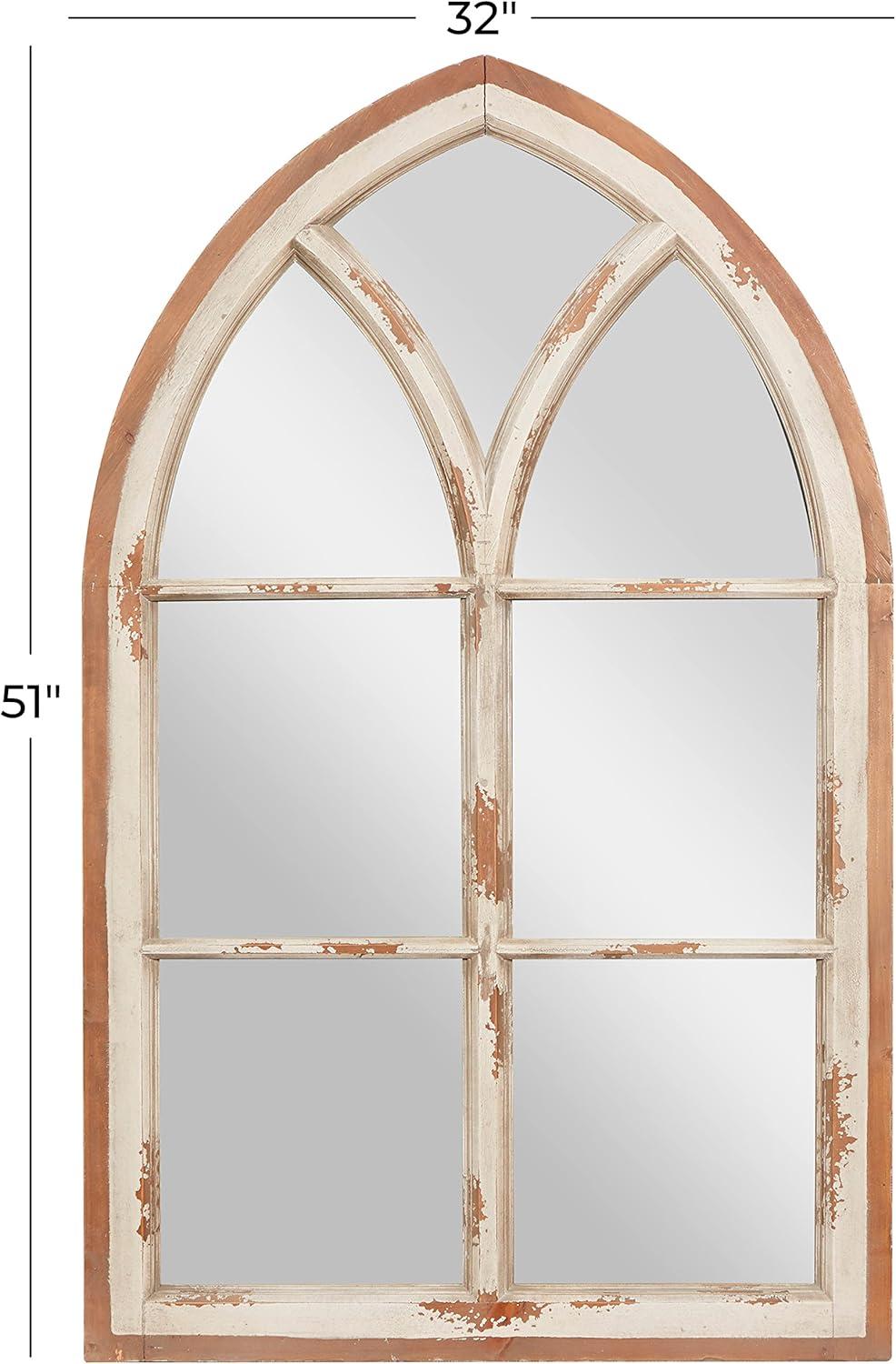 Wood Window Panes Inspired Wall Mirror with Arched Top and Distressing White/Brown - Olivia & May: Cathedral Style, Antiqued Finish