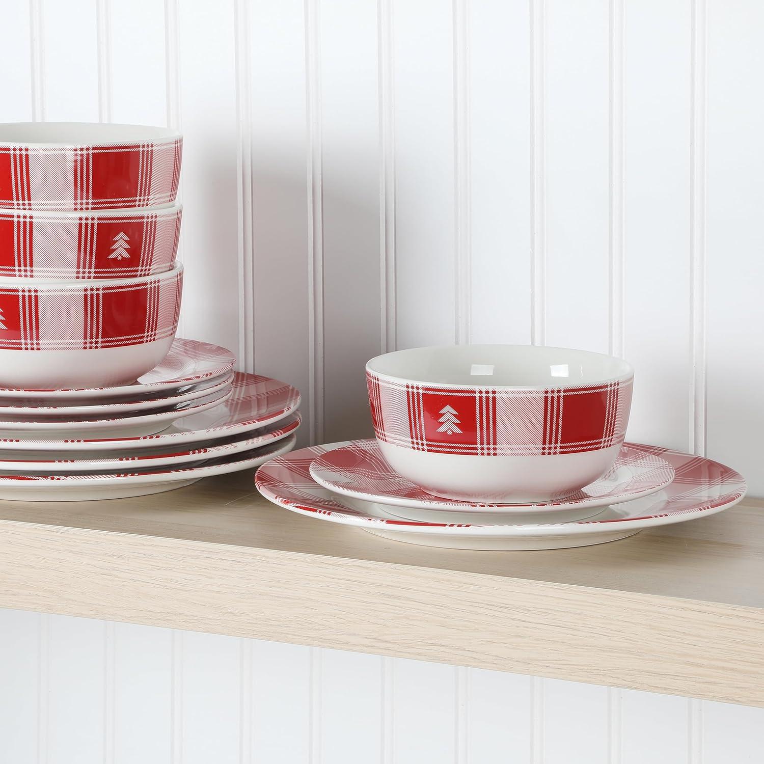 Martha Stewart Plaid 12-Piece Decorated Red and White Stoneware Dinnerware Set