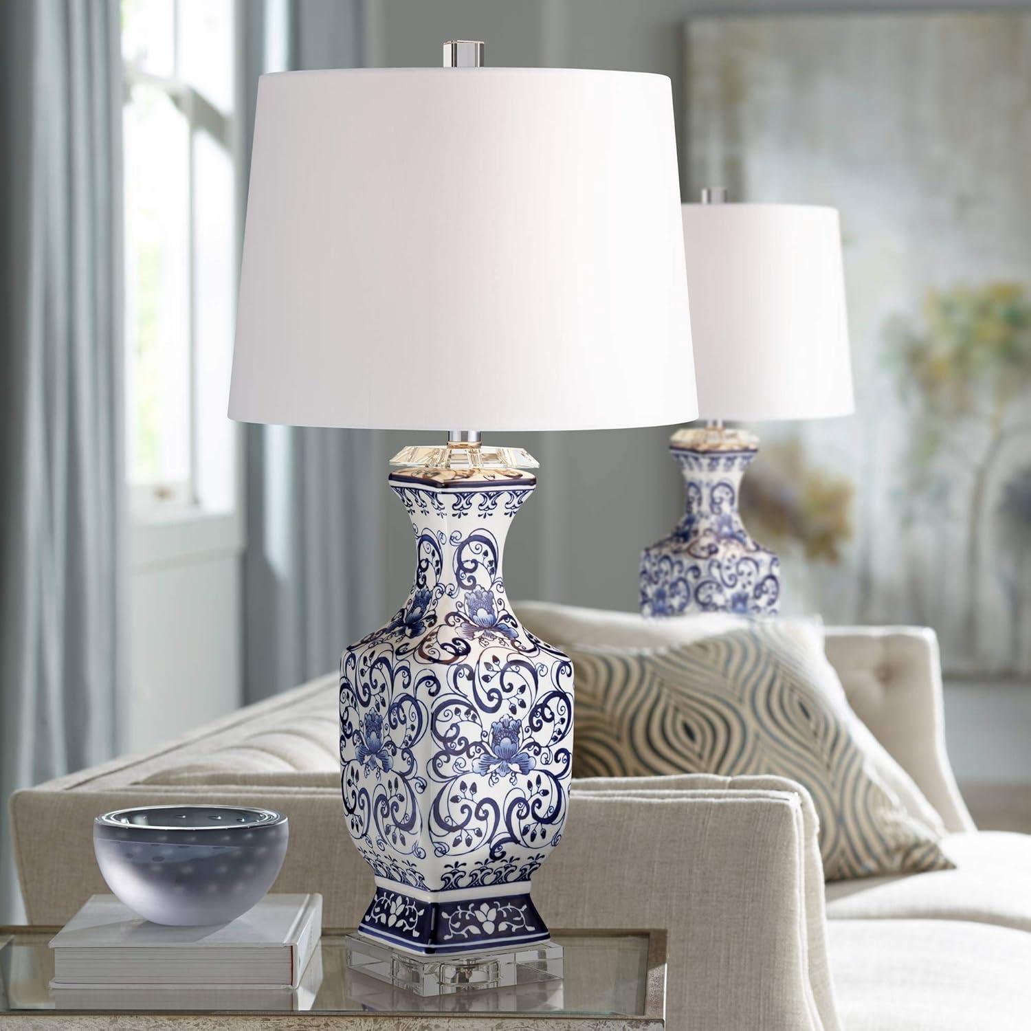 Barnes and Ivy Table Lamps 28" Tall Set of 2 Porcelain Blue Floral Jar Geneva White Drum Shade for Living Room Family Bedroom Bedside