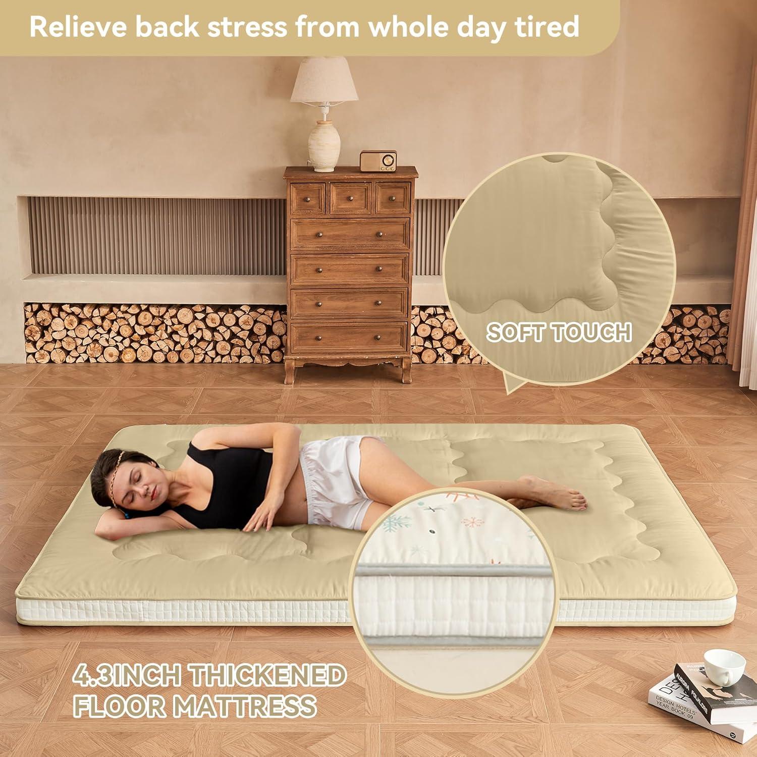 Dr.Futon Japanese Floor Futon Mattress Extra Thick Folding Roll Up Bed Topper Mat for Guest,Lounger and Tavel