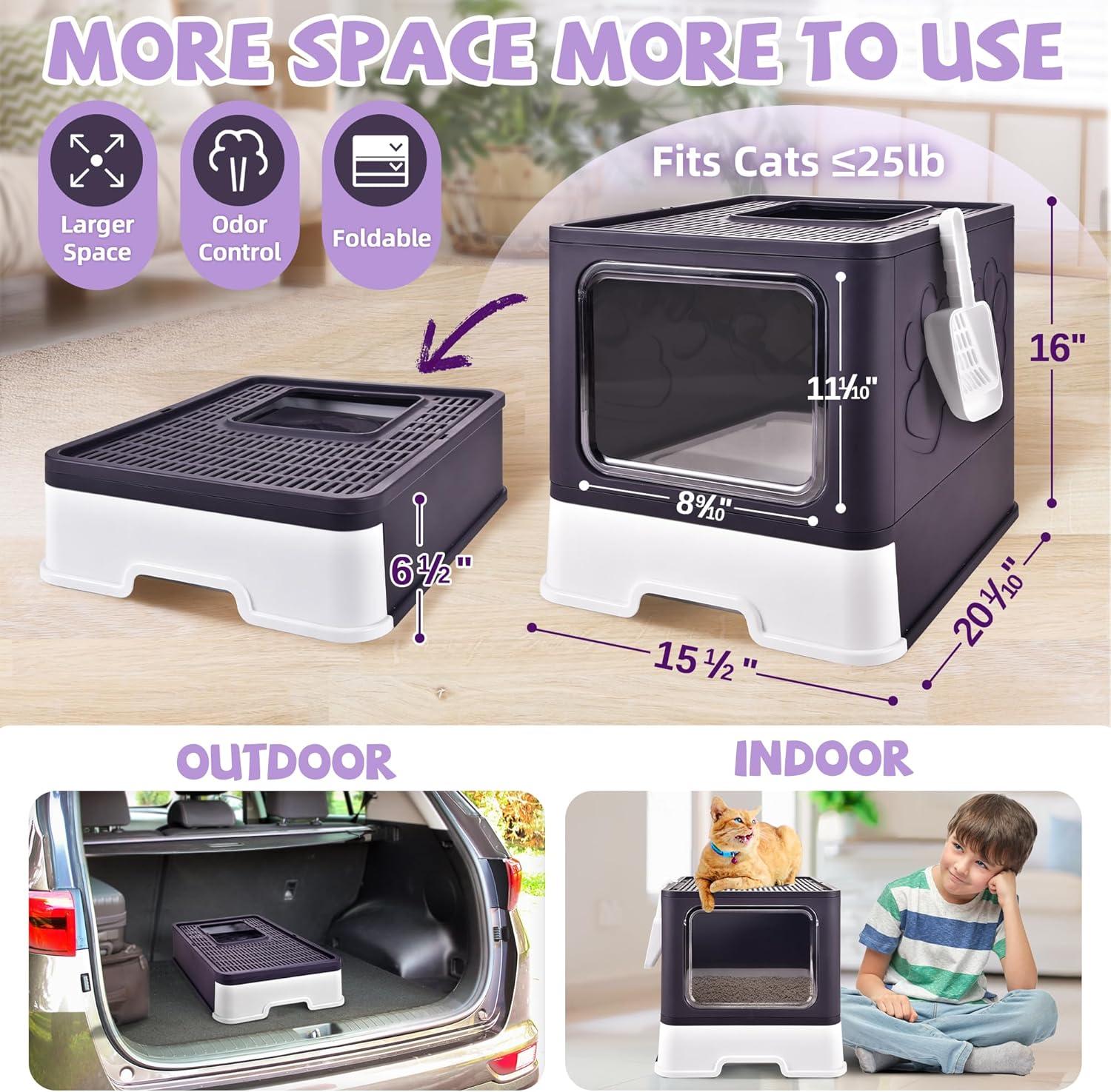 Upgraded Foldable Cat Litter Box with Lid with Adjustable Door Design, Extra Large Covered Litter Box with Cat Litter Scoop, Drawer Type Enclosed Kitty Litter Box Easy Cleaning and Scoop, Purple