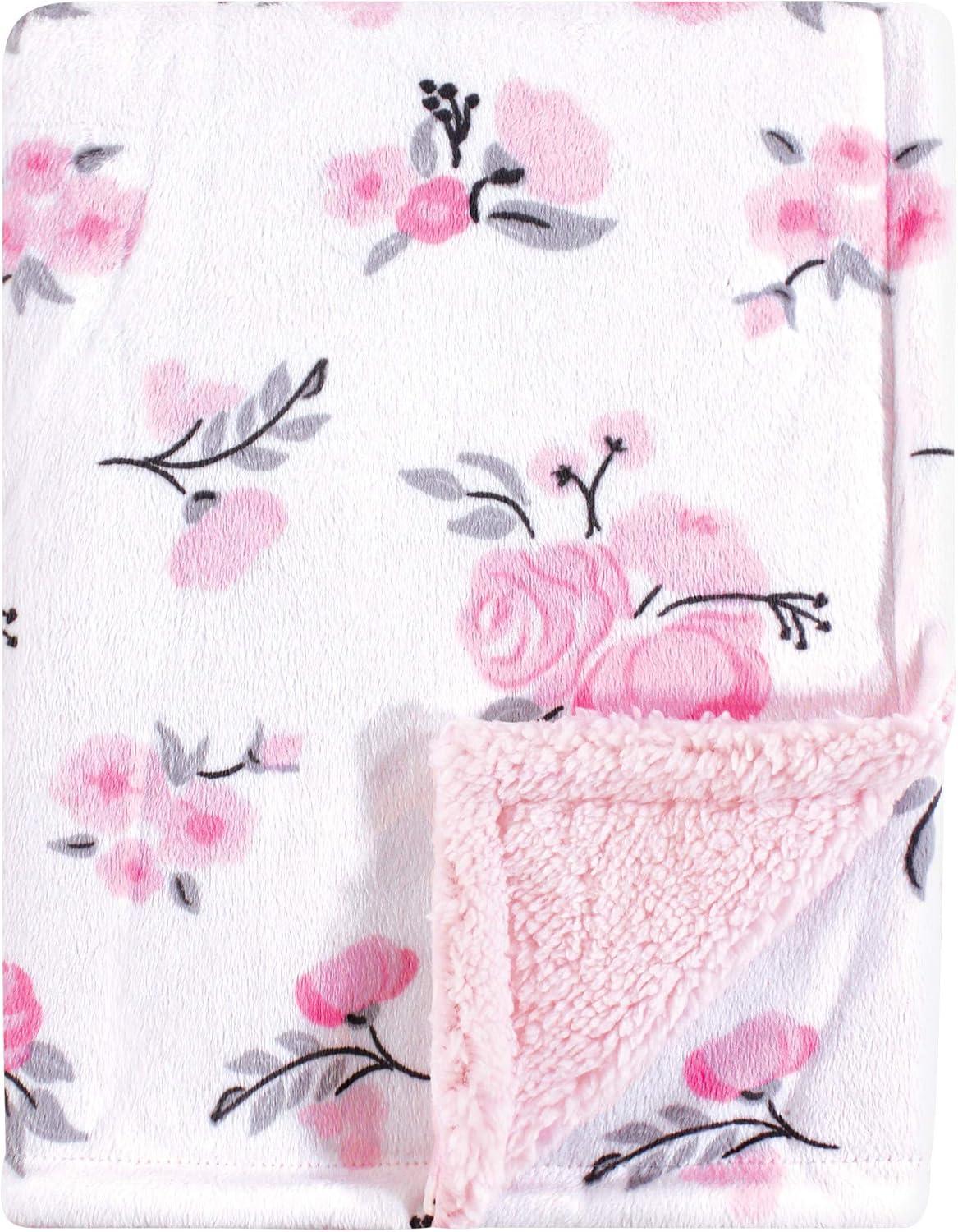 Hudson Baby Infant Girl Plush Blanket with Faux Shearling Back, Pink Floral, One Size