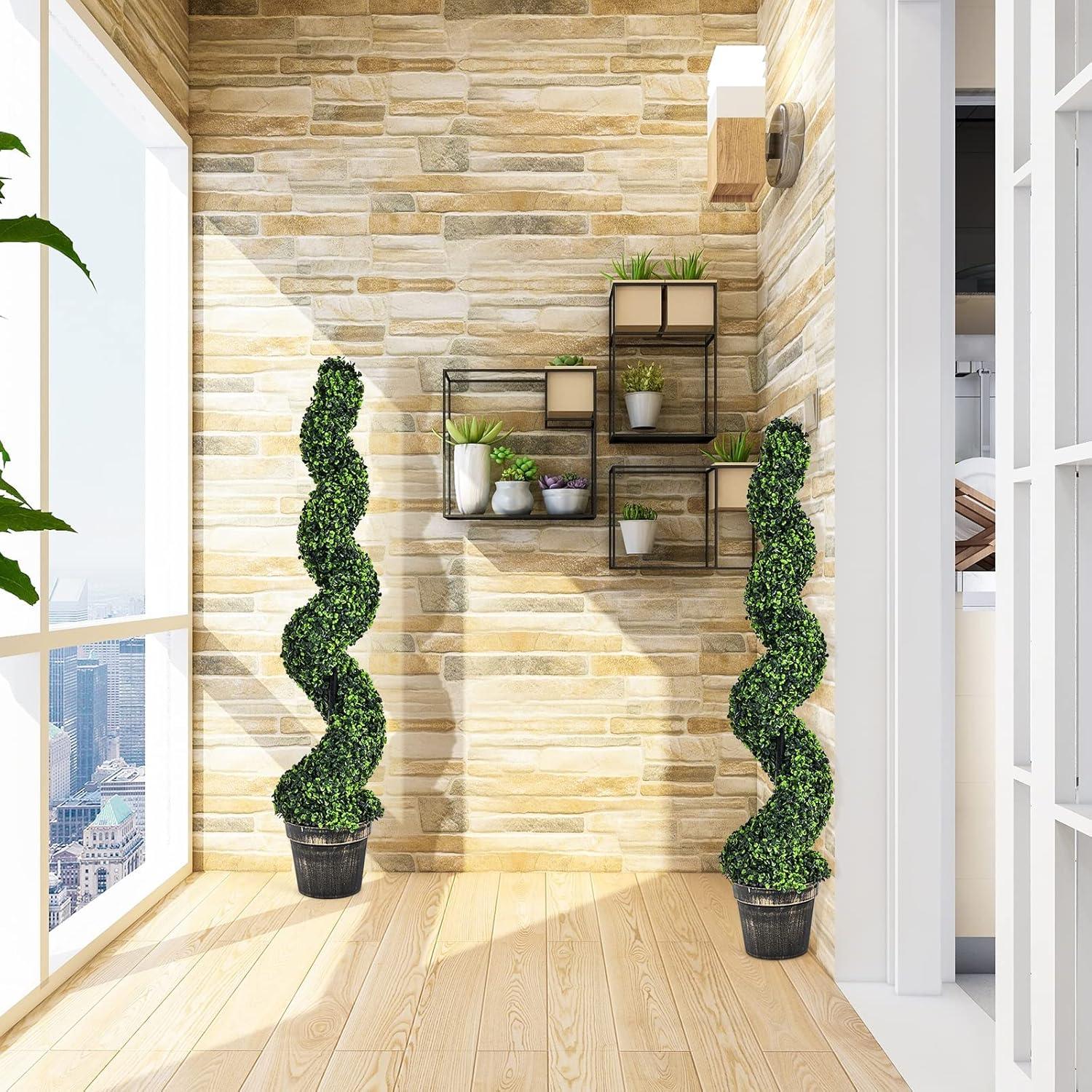 Goplus 4FT Artificial Spiral Boxwood Topiary Tree, 2 Pack Greenery Large Faux Plant in Cement-Filled Plastic Pot, Tall Fake Plant for Indoor Outdoor Home Front Porch Decor